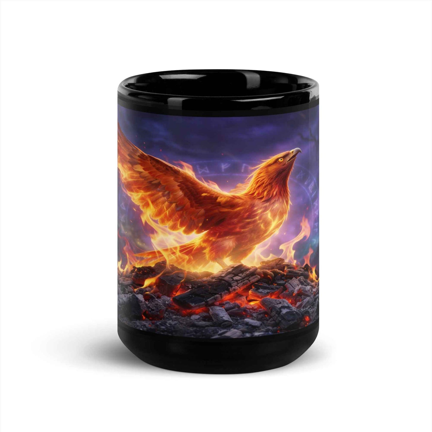 Black ceramic mug with phoenix and burning stones illustration on front.