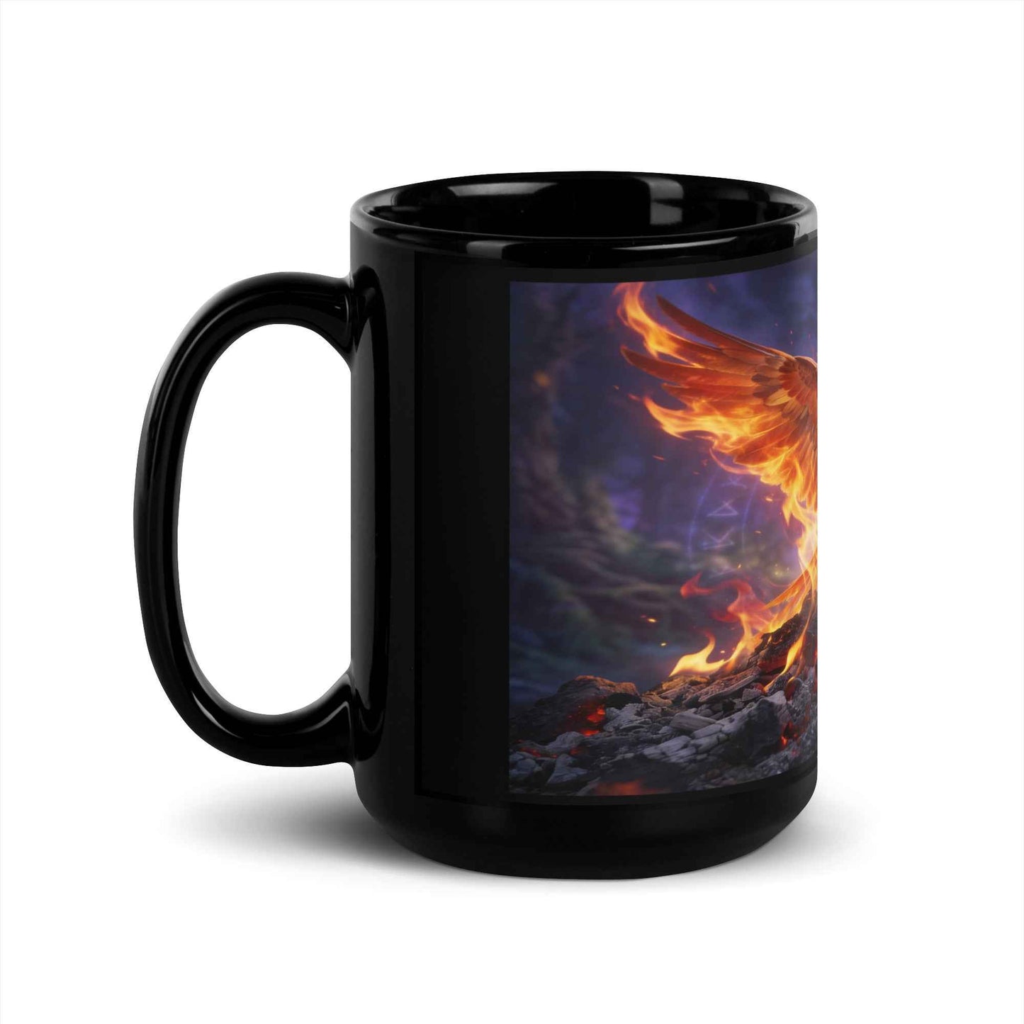 Black ceramic mug with handle, fiery phoenix artwork on side panel.