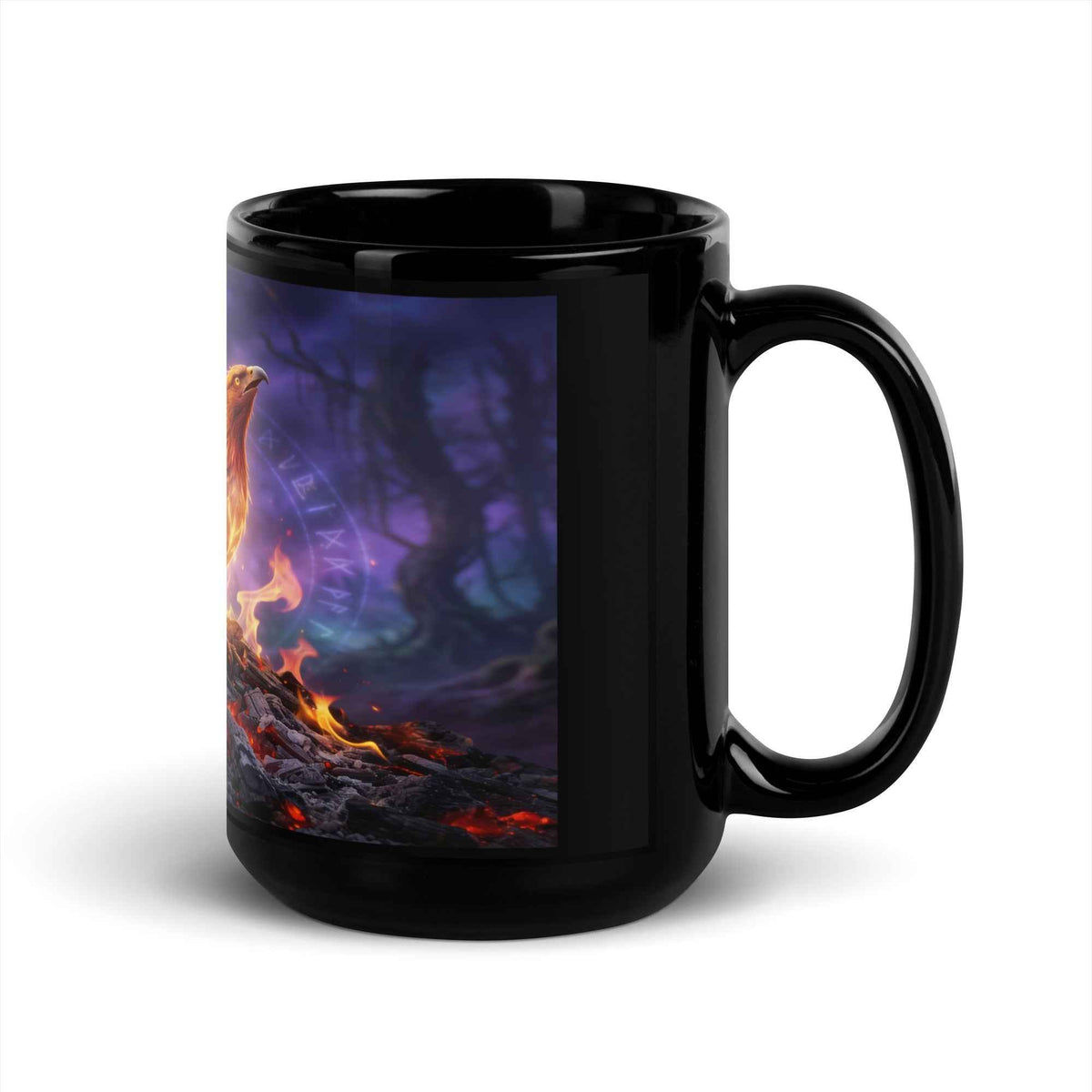 Black ceramic coffee mug with fiery phoenix graphic on front panel