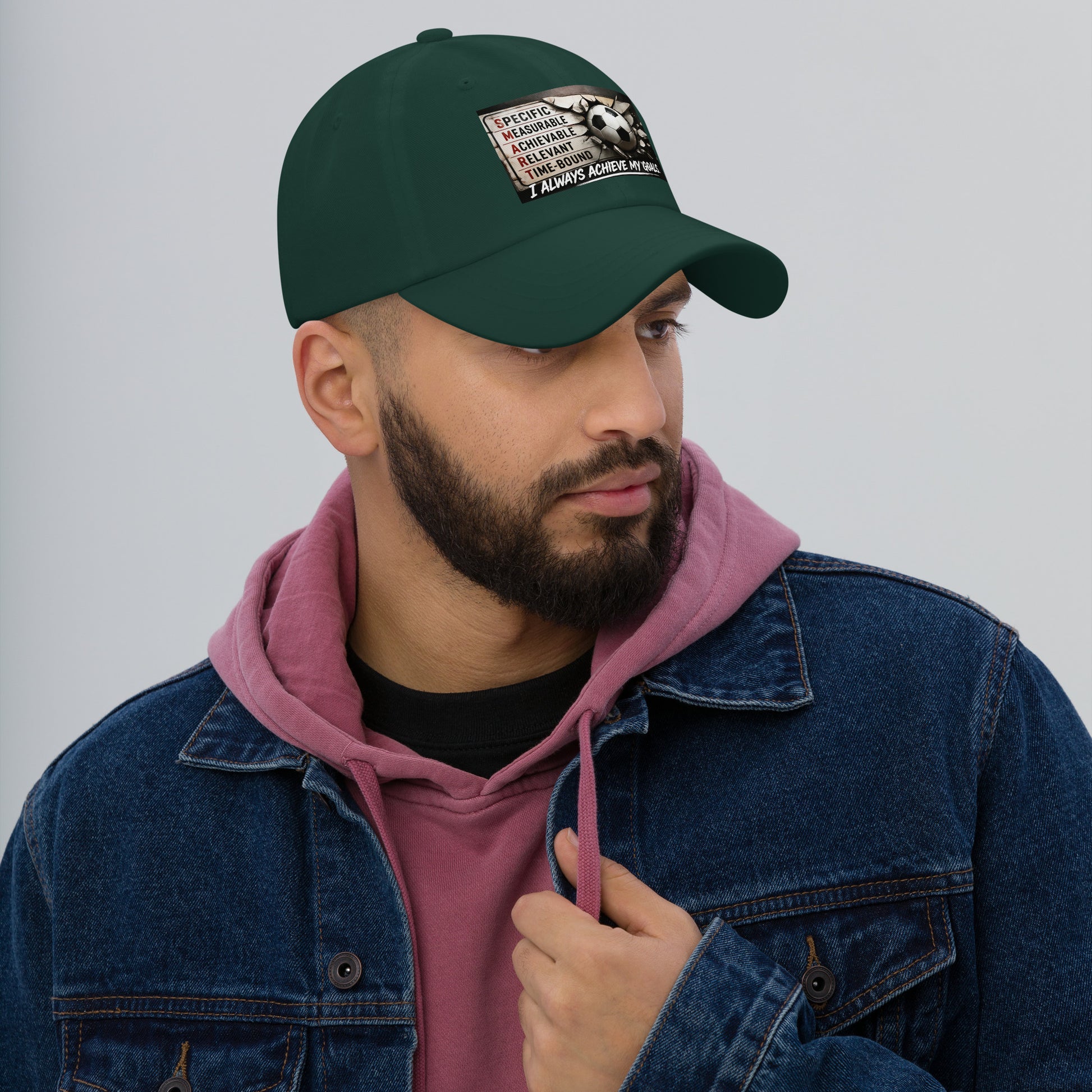 Green dad hat with stitched front logo patch, curved brim and adjustable strap