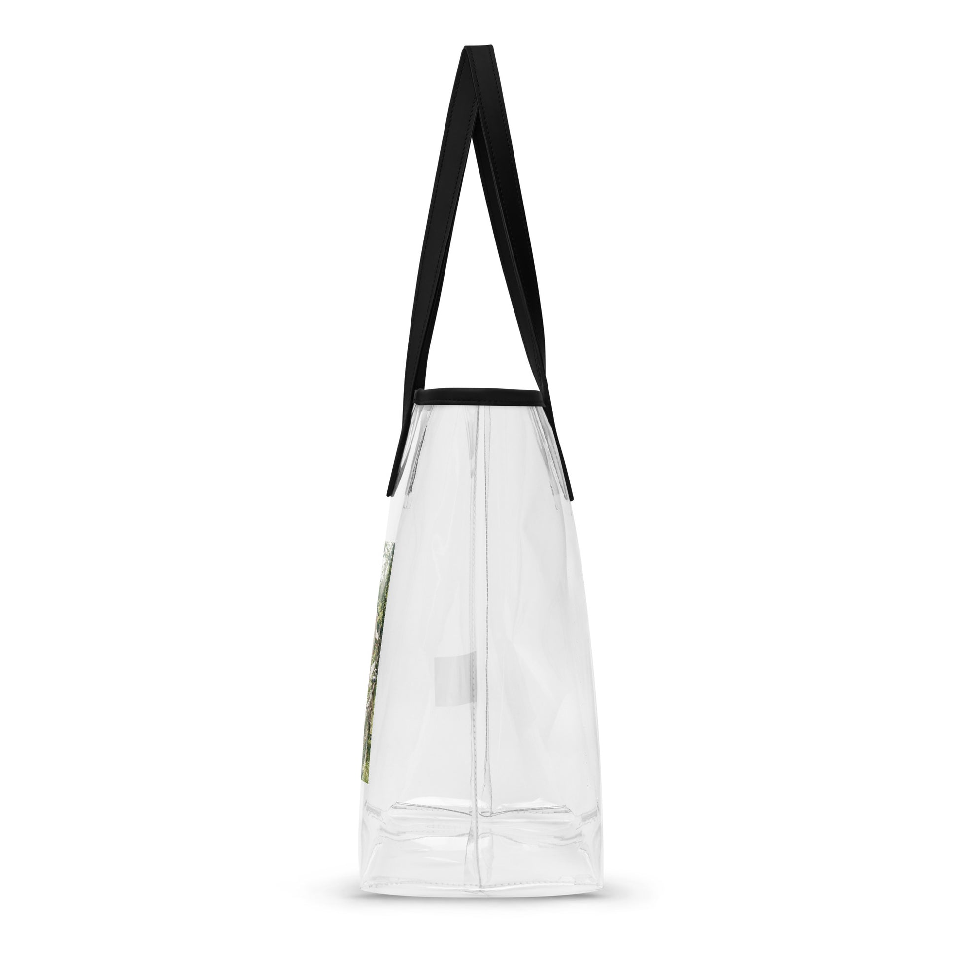 Clear tote bag with black handles, back side view with small printed detail