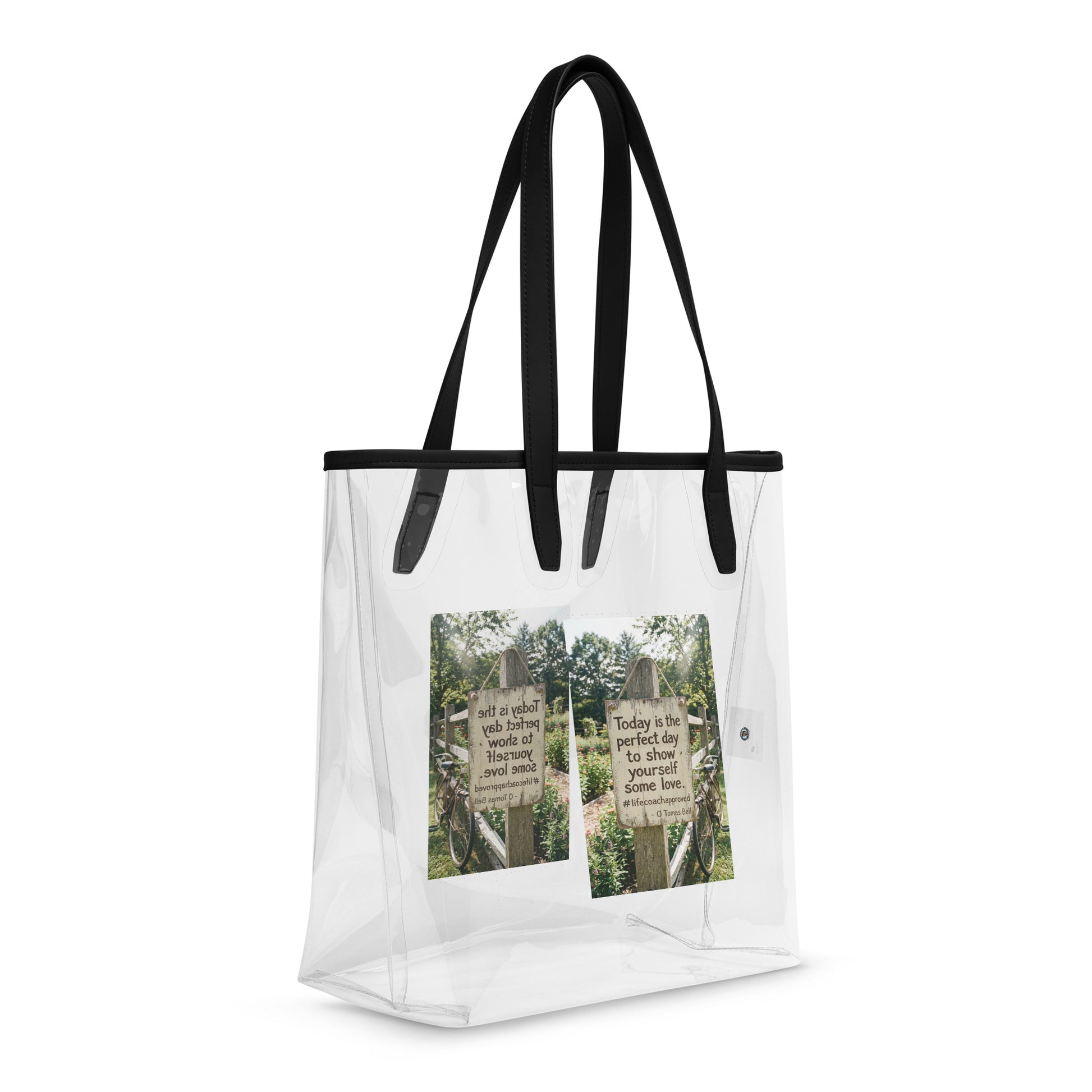 Self Love clear tote bag with black handles and front inspirational photo graphic