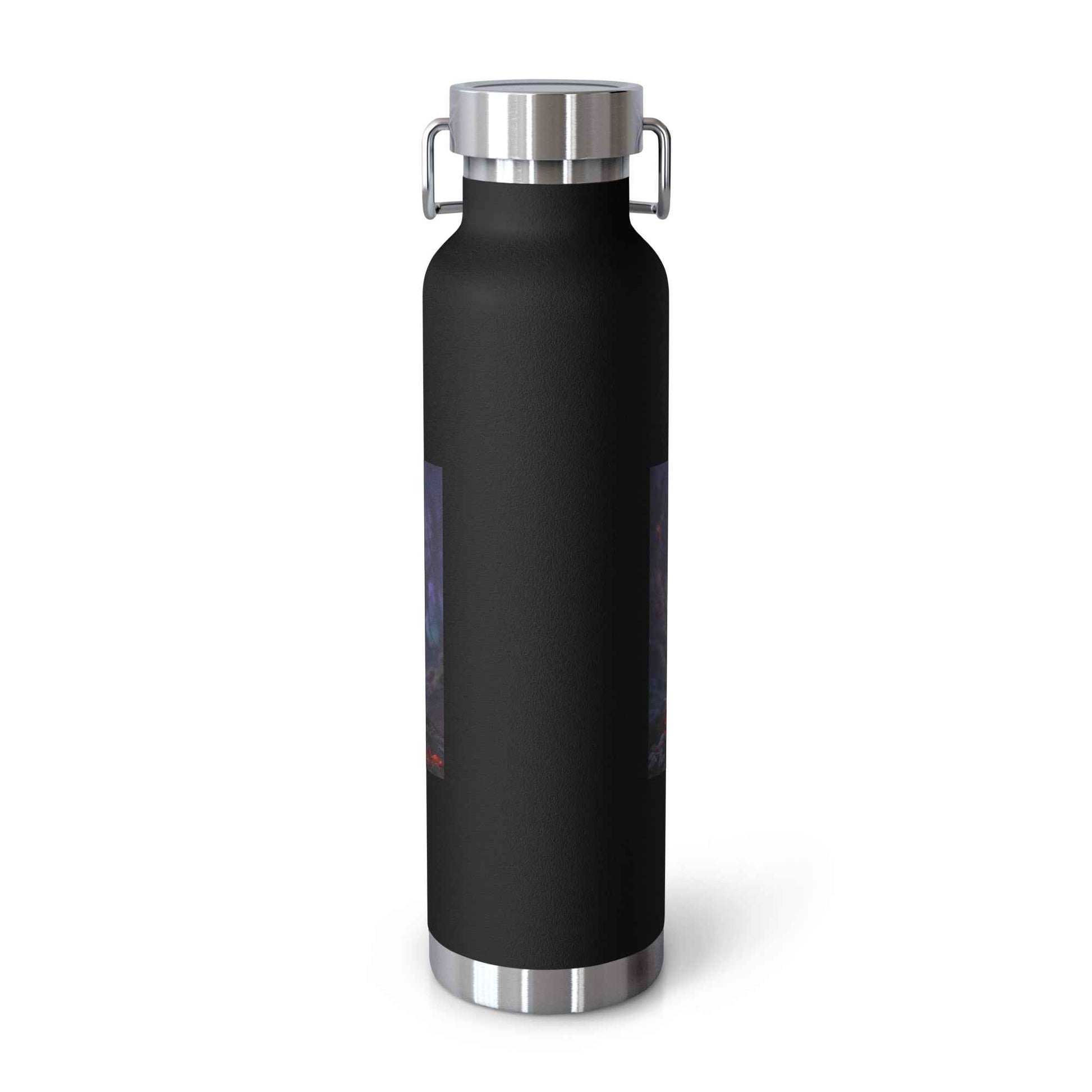 Black vacuum insulated bottle with silver lid and loop carrying handle
