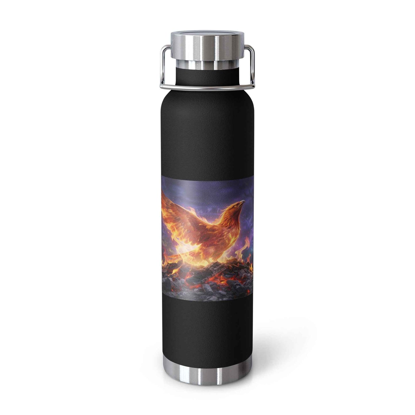 Black vacuum insulated bottle with silver lid and fiery animal graphic