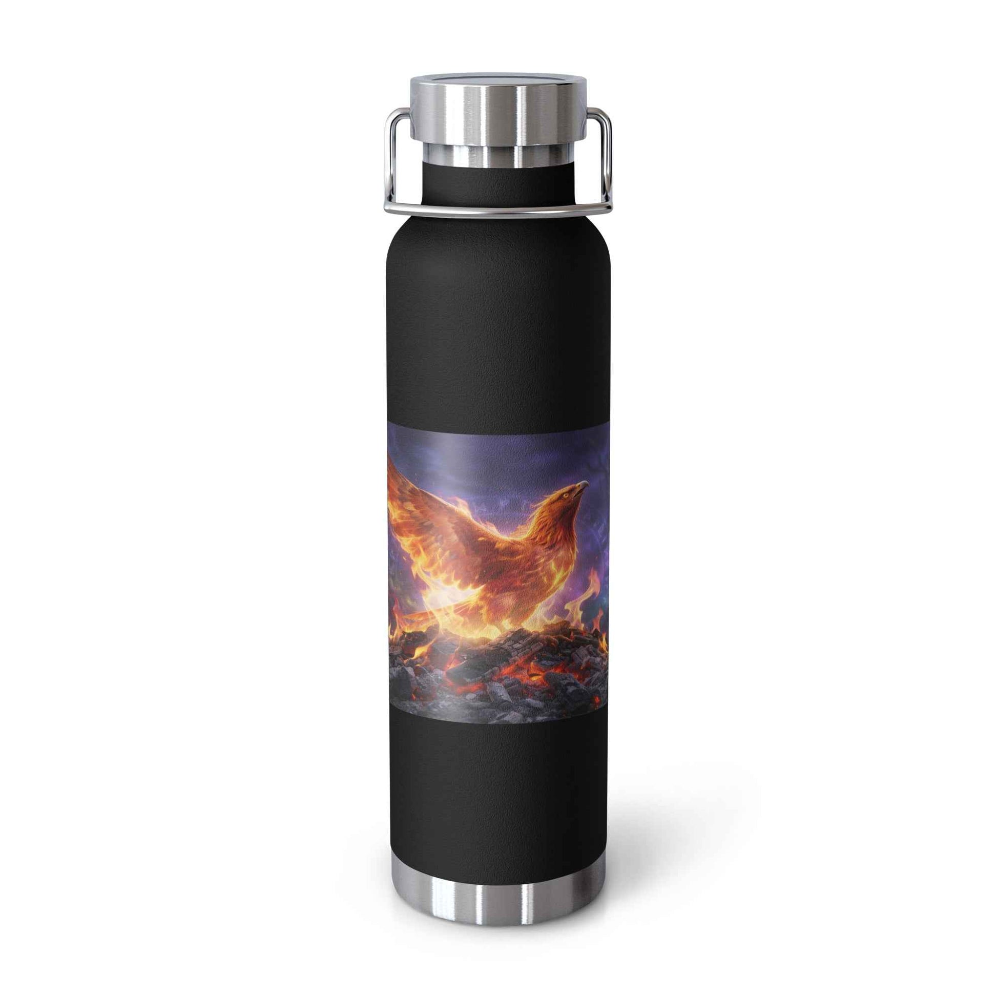 Black vacuum insulated bottle with silver lid and fiery animal graphic
