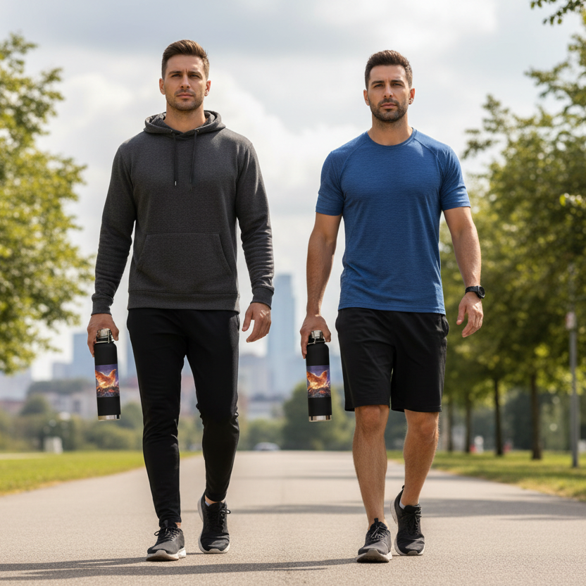 Two men carrying black vacuum insulated bottles with fiery graphic