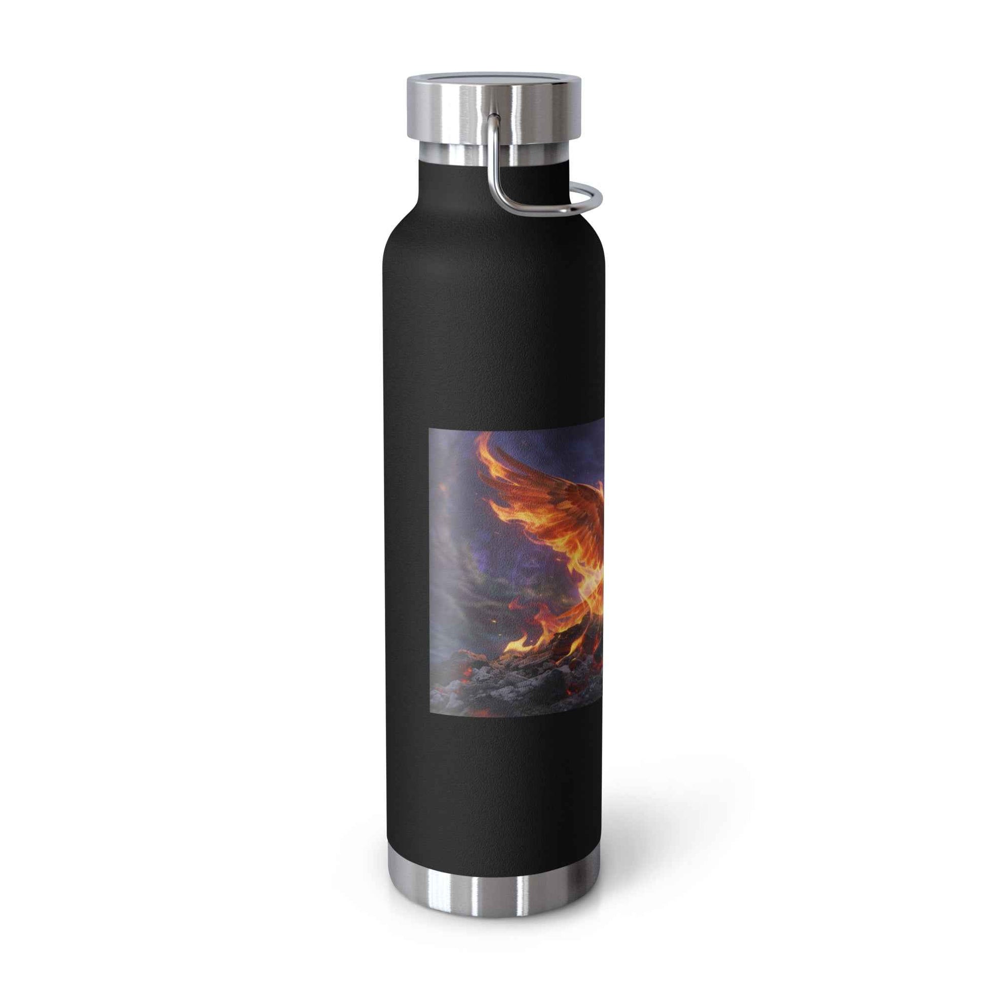 Black vacuum insulated bottle with silver screw lid and C-shaped carrying handle