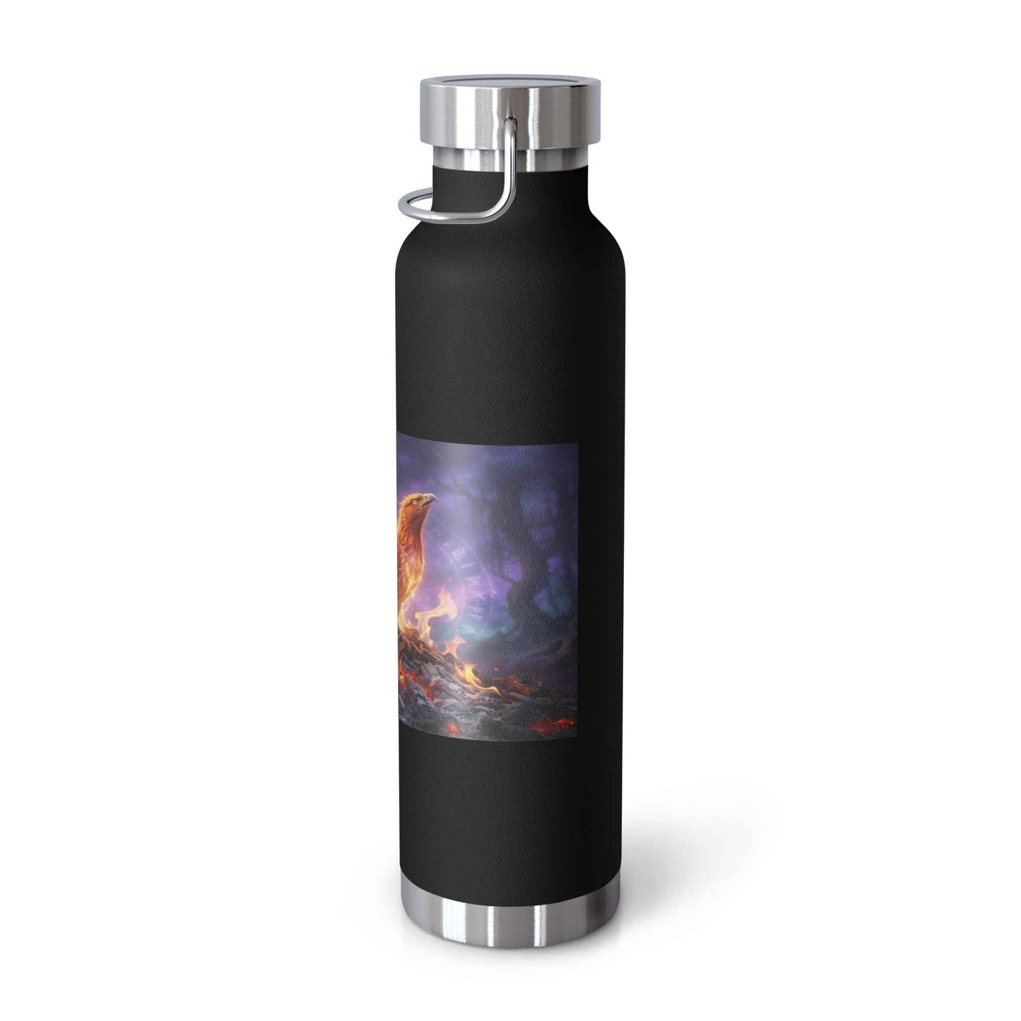 Black vacuum insulated bottle with silver lid and fiery bird scene graphic