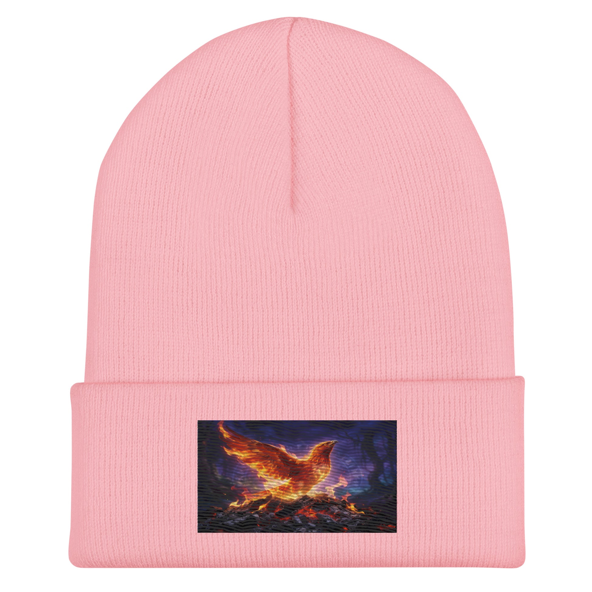 Baby pink cuffed beanie with ribbed knit and rectangular flame graphic patch