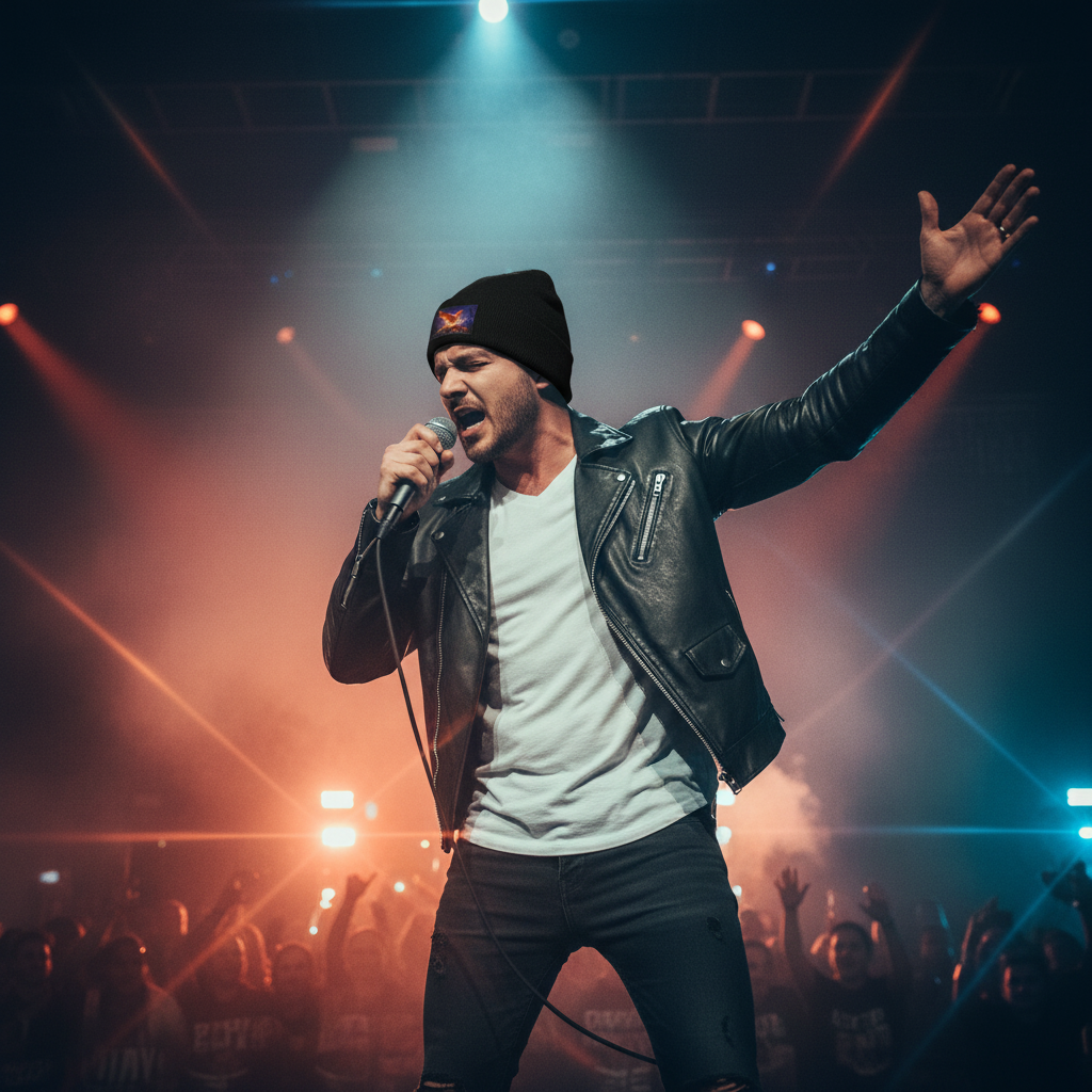 Black knit beanie with embroidered patch, worn on stage