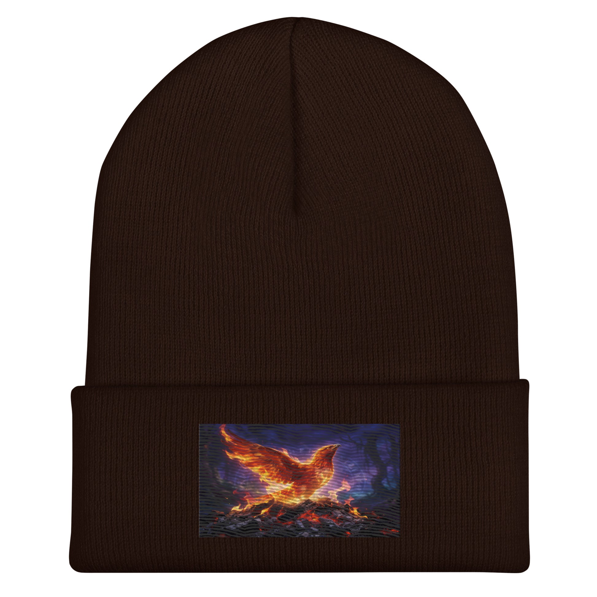 Brown cuffed beanie with rectangular flame-bird patch on the cuff
