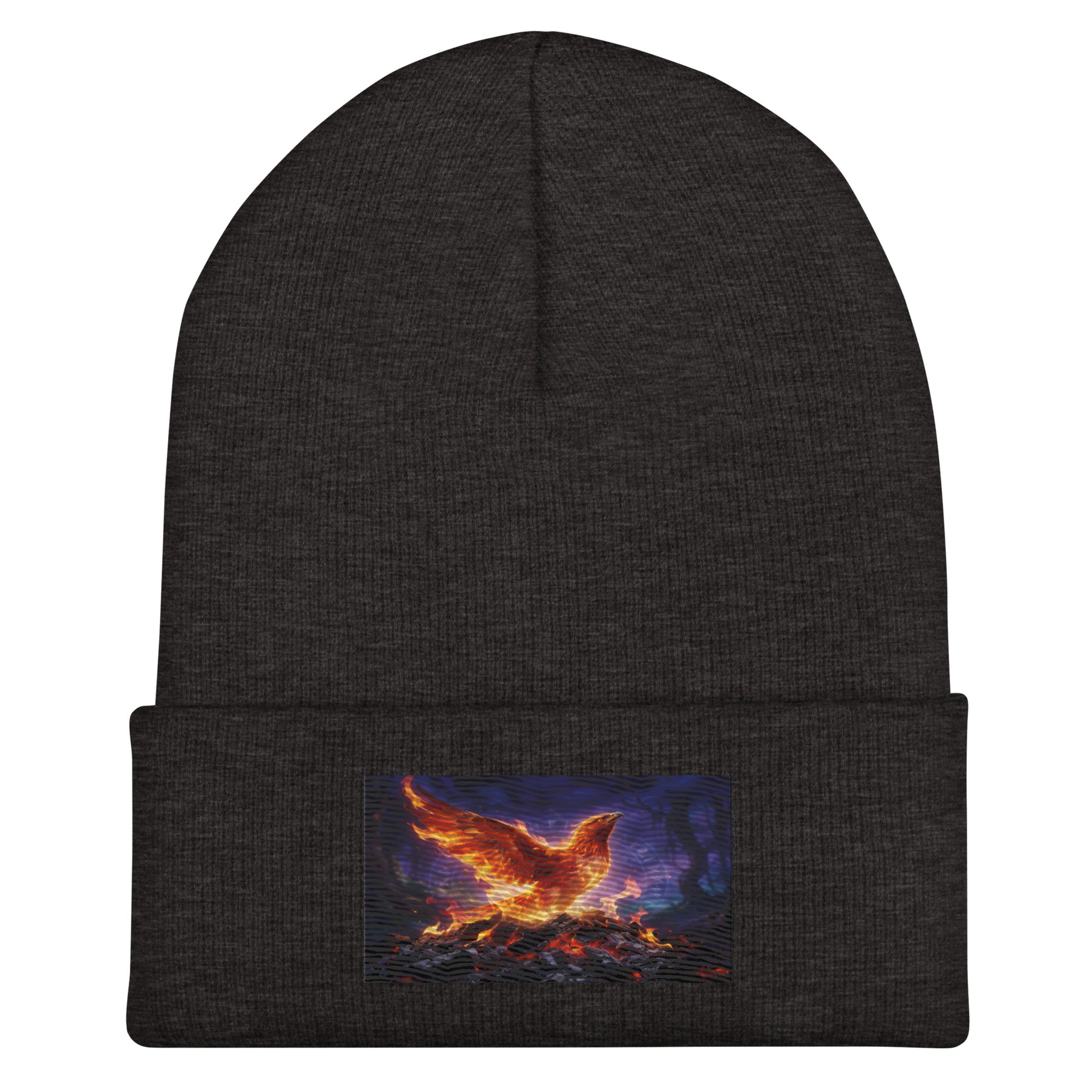 Dark grey cuffed beanie with rectangular flame-bird patch on the cuff
