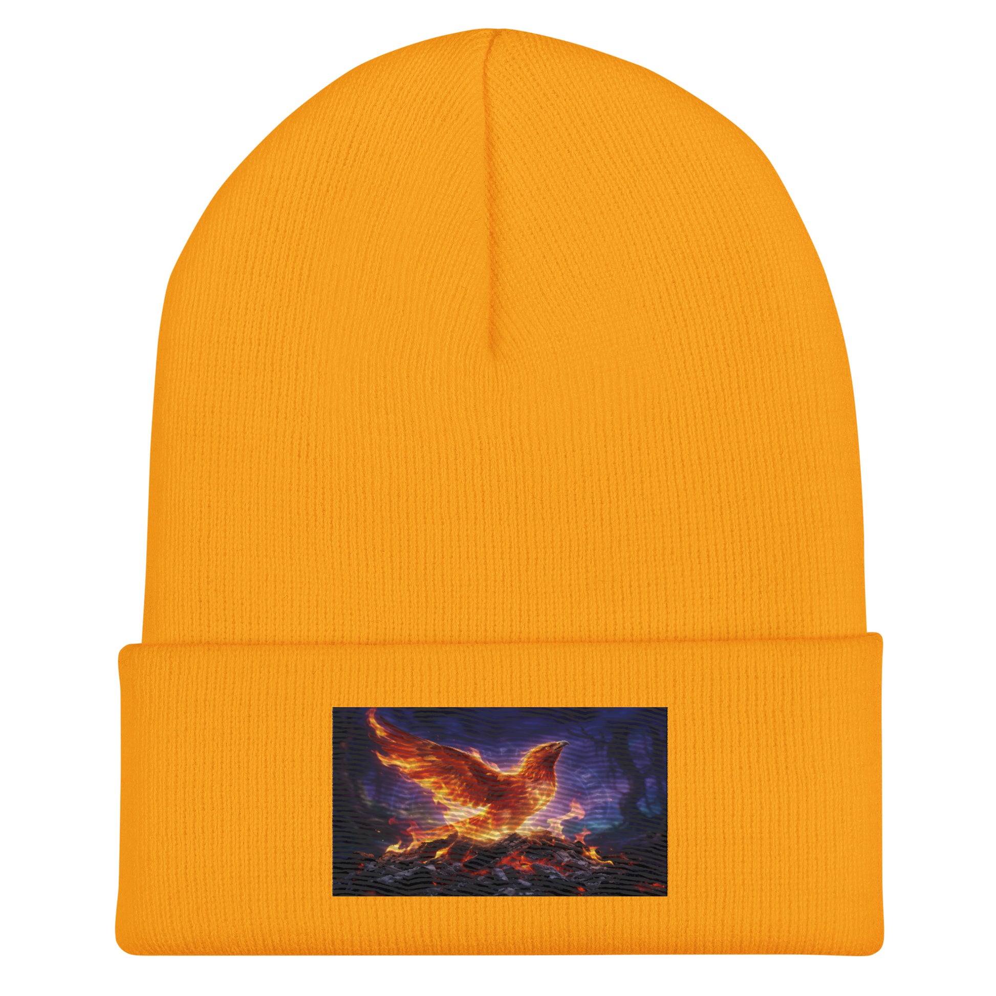 Gold cuffed beanie with ribbed knit texture and rectangular flame graphic patch
