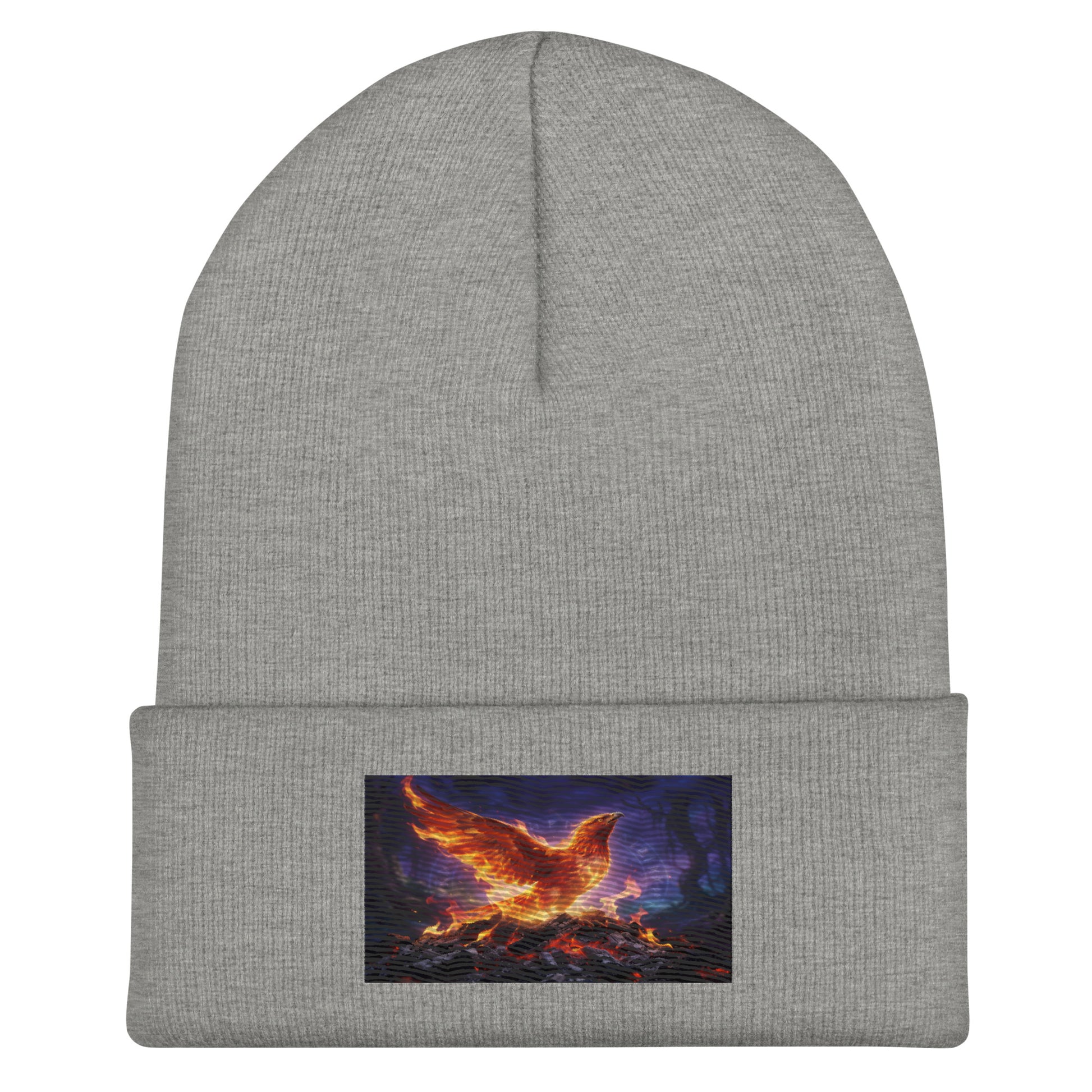Grey cuffed beanie with rectangular flame-bird patch on the cuff