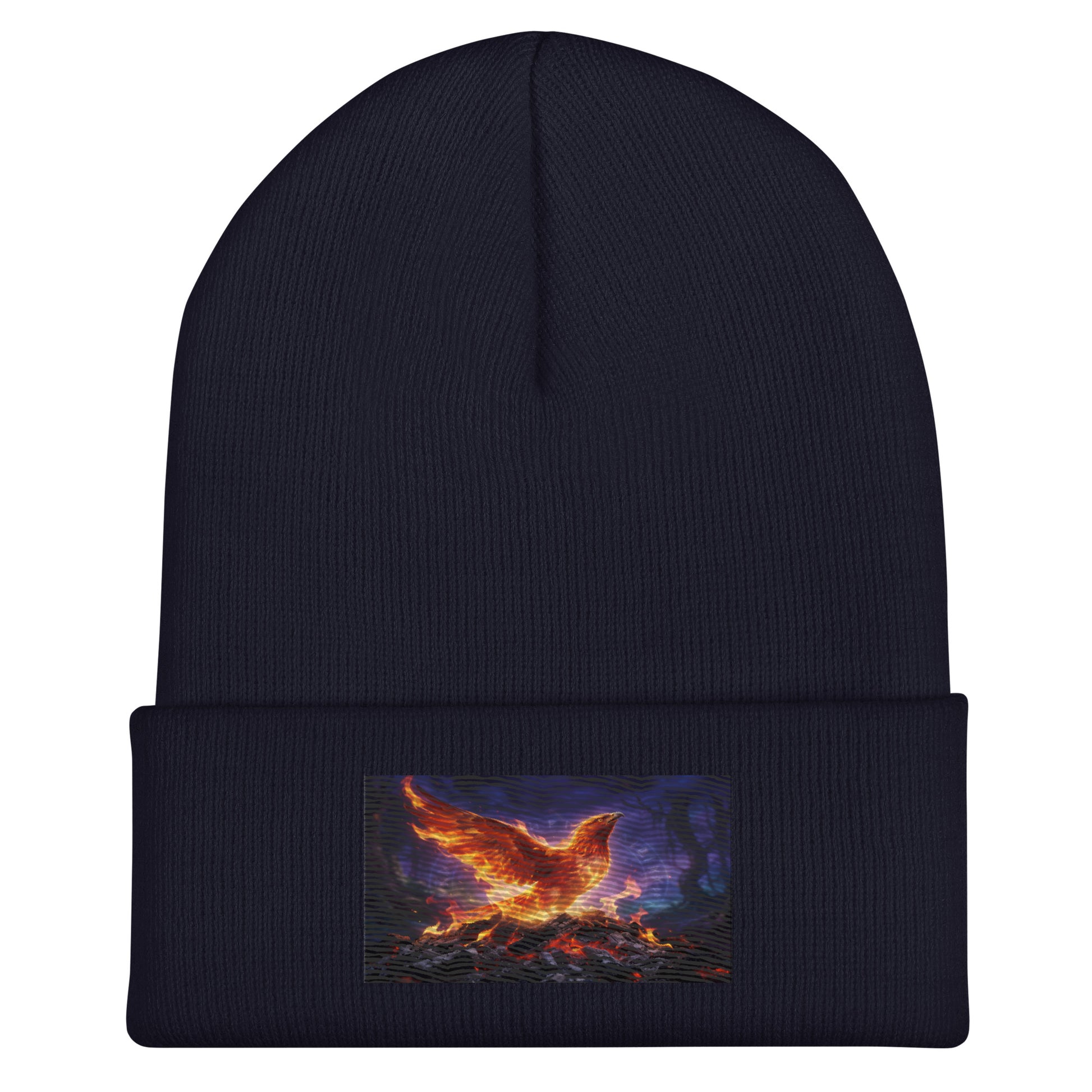 Navy cuffed beanie with rectangular flame-bird patch on the cuff