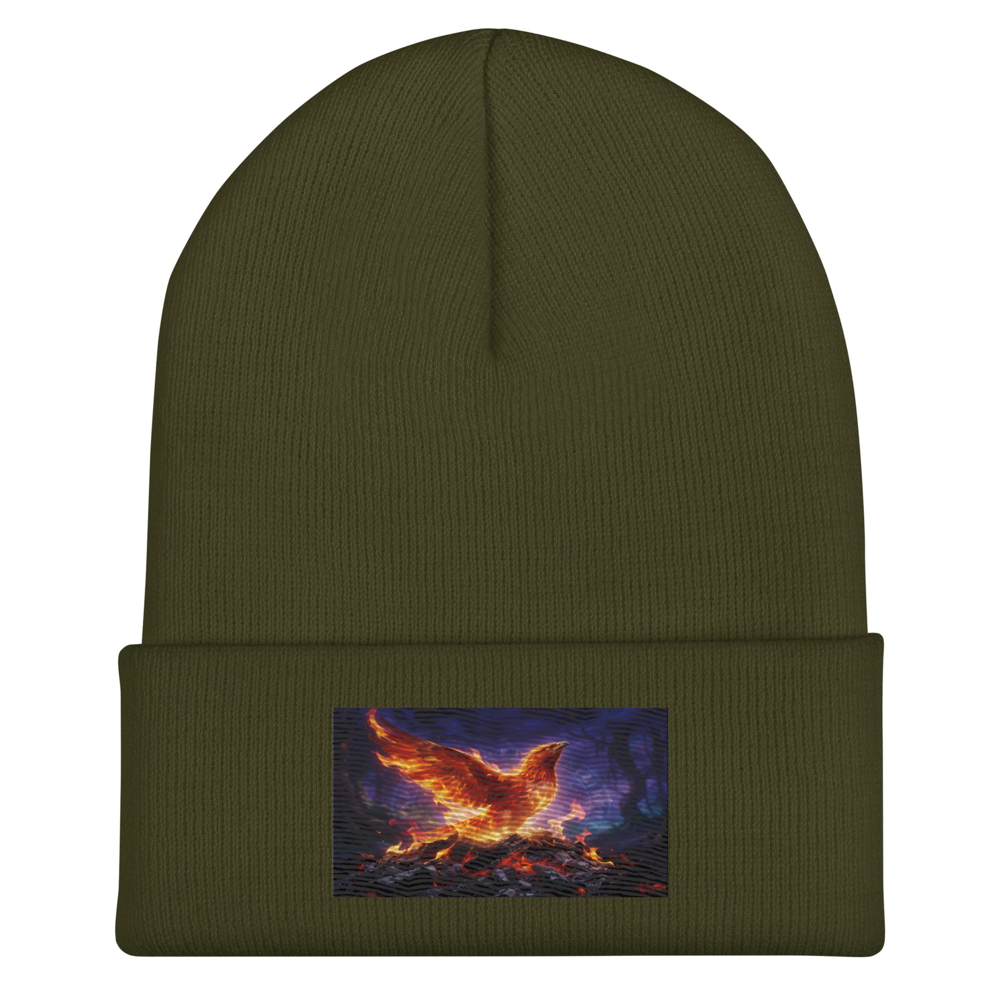 Olive cuffed beanie with rectangular flame-bird patch on the cuff