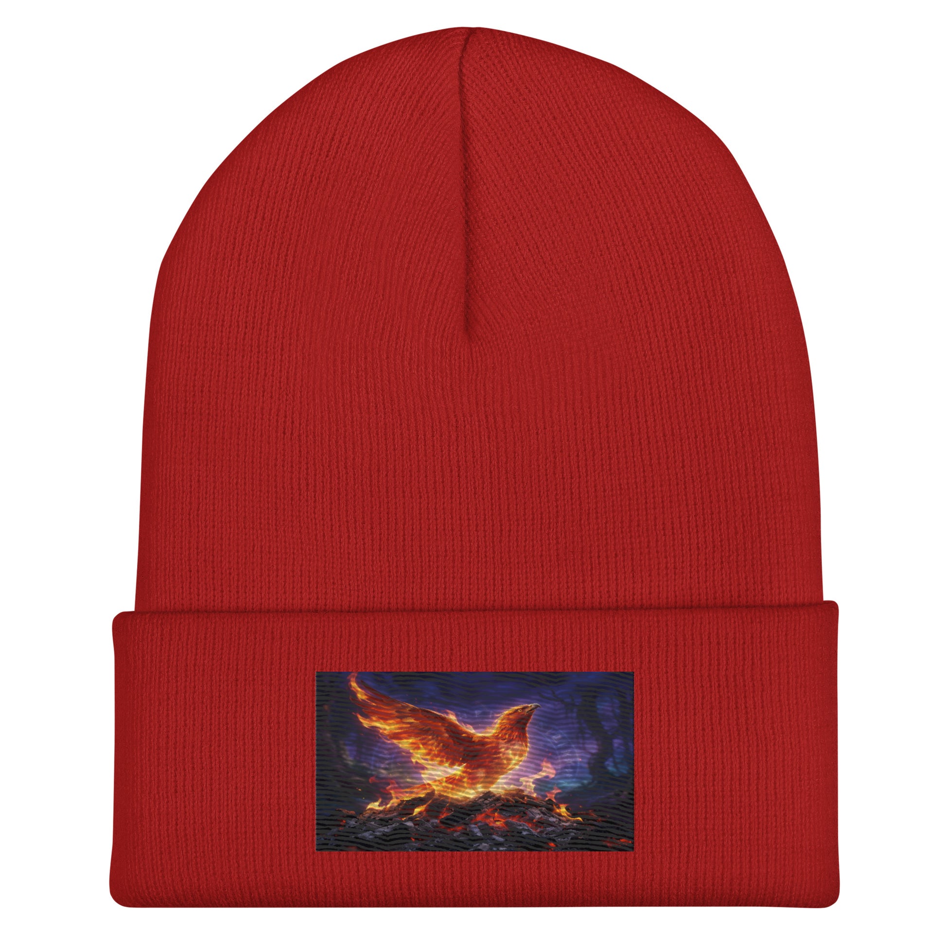 Red cuffed beanie with rectangular flame-bird patch on the cuff