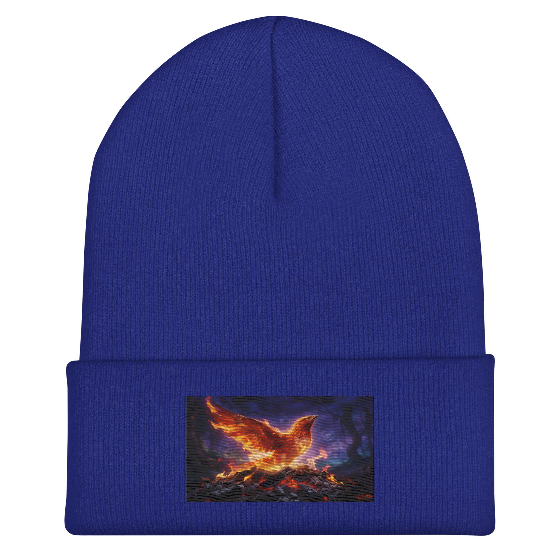 Royal blue cuffed beanie with rectangular flame-bird patch on the cuff
