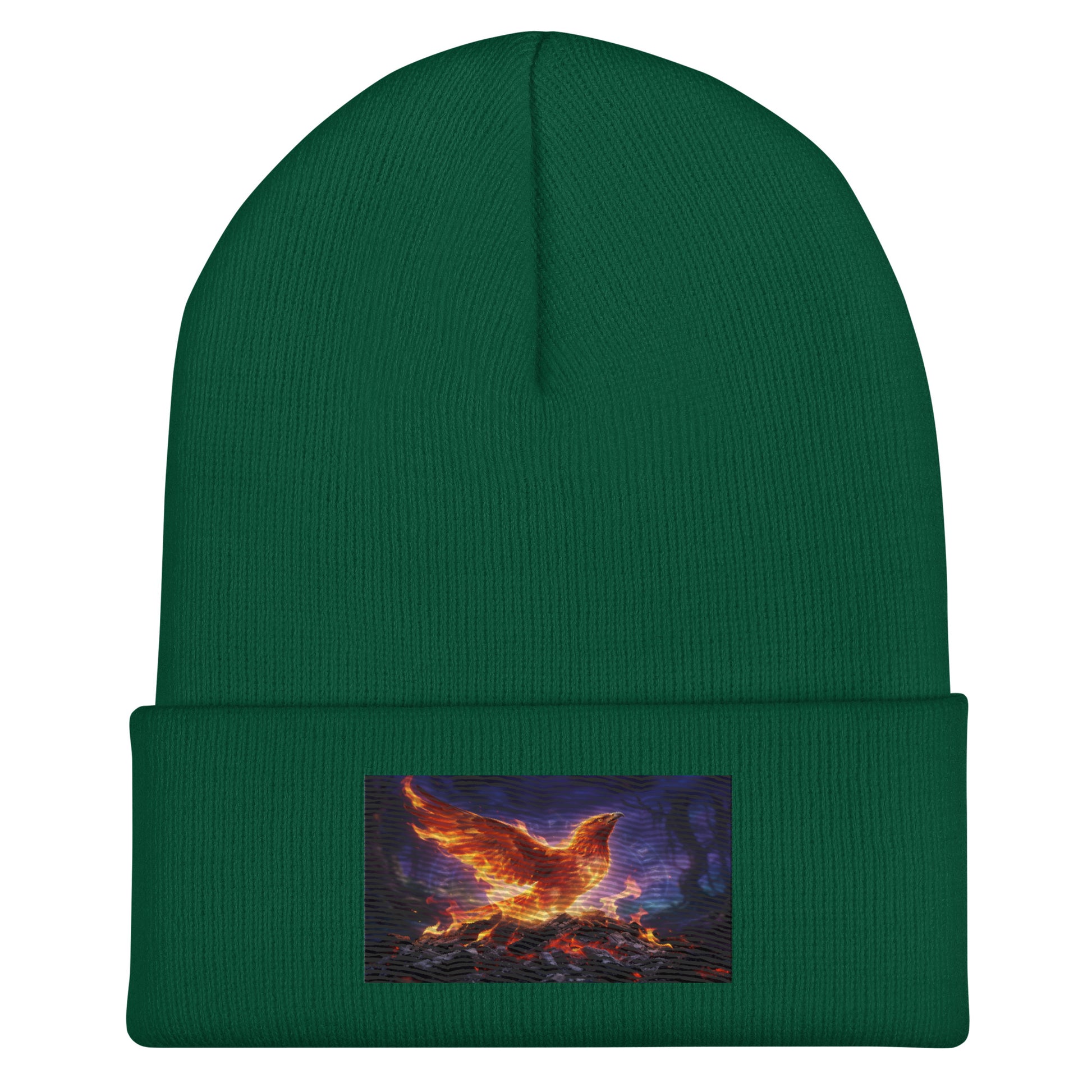 Dark green cuffed beanie with ribbed knit and rectangular flame graphic patch