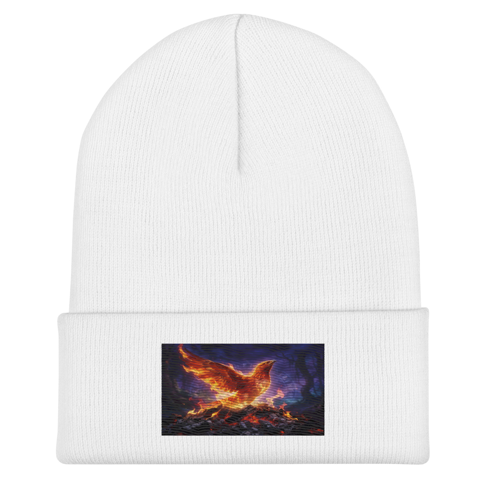 White cuffed beanie with ribbed knit and rectangular flame graphic patch