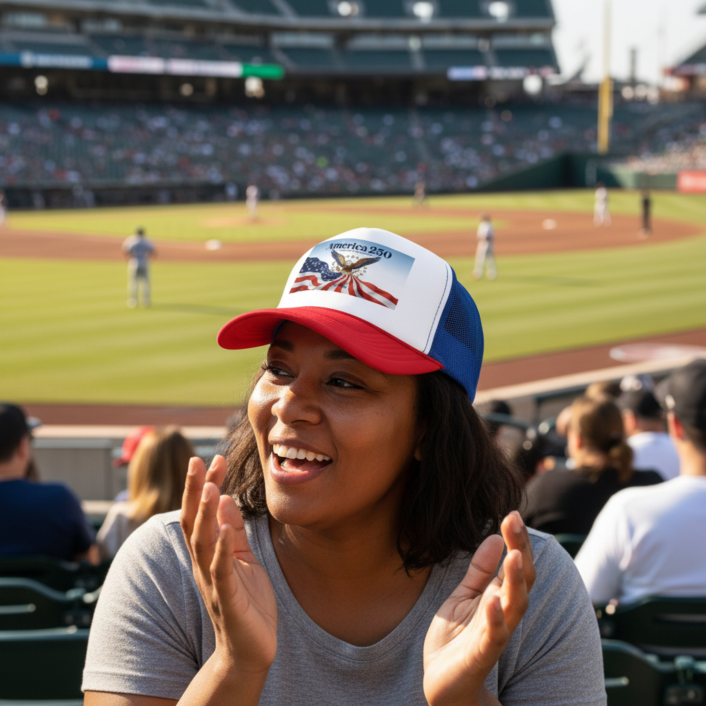 Woman wearing America 250 trucker hat with red brim and white front panel