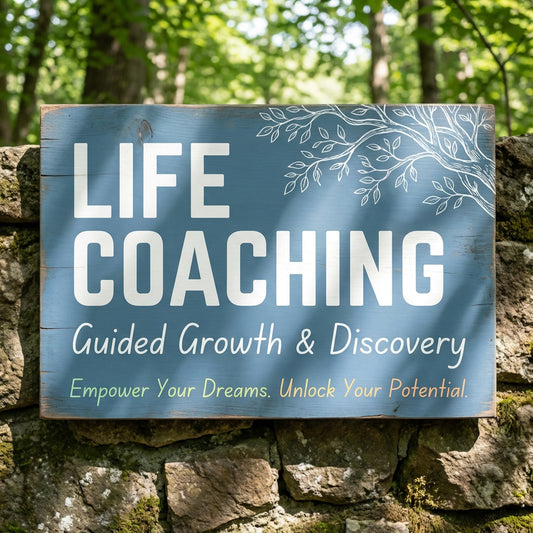 Life coaching wooden sign with blue background and 'LIFE COACHING' lettering.
