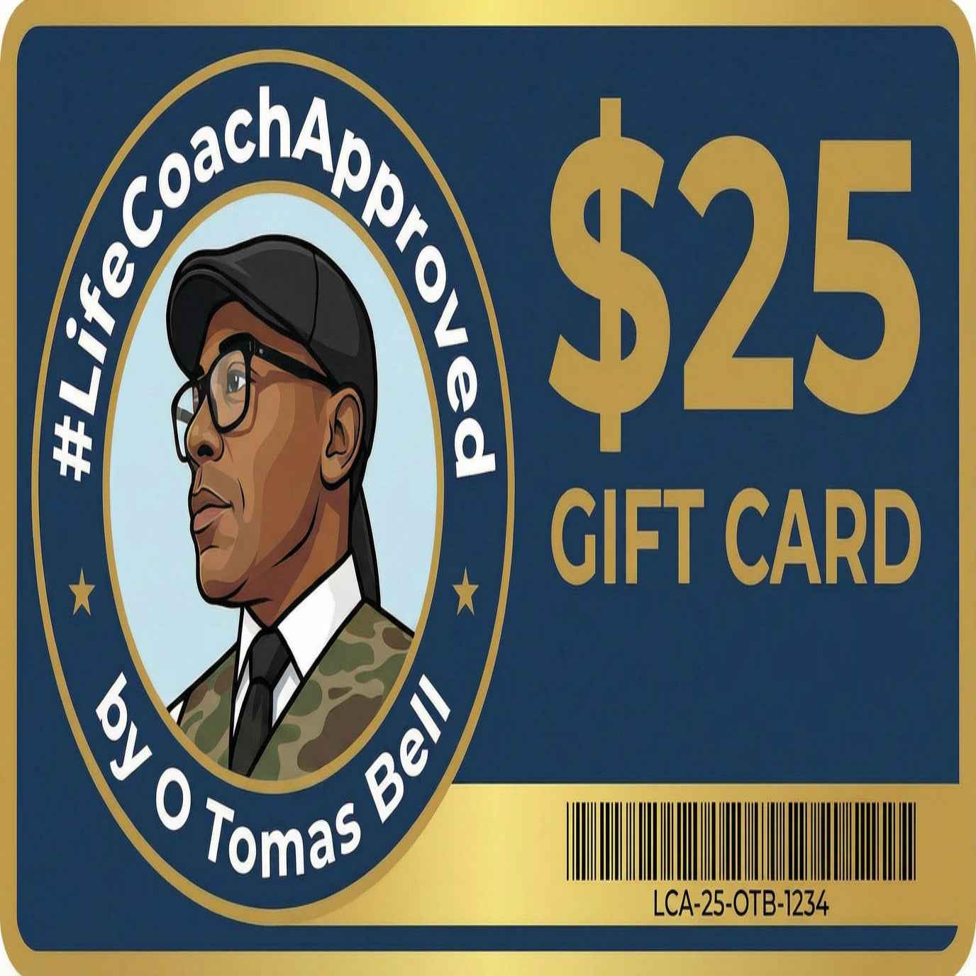 Gift card showing $25 and a portrait logo with barcode at bottom