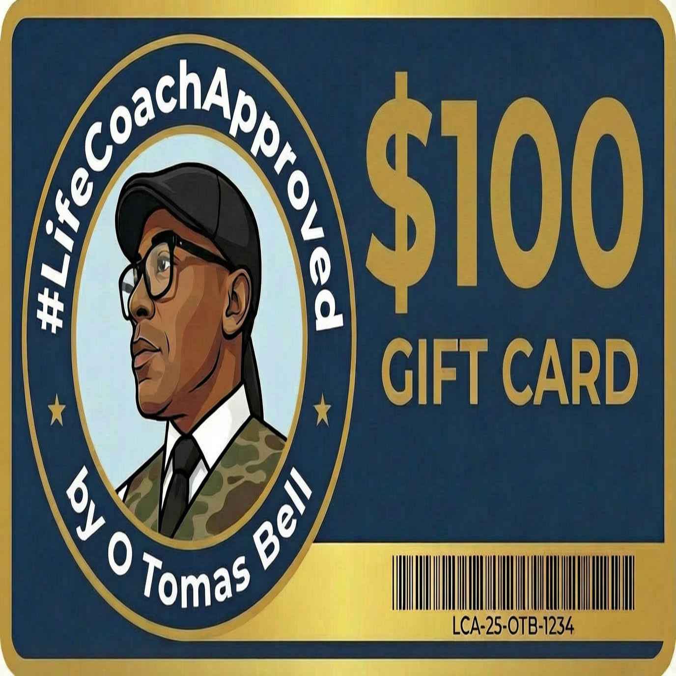 LifeCoachApproved $100 gift card with barcode and portrait logo