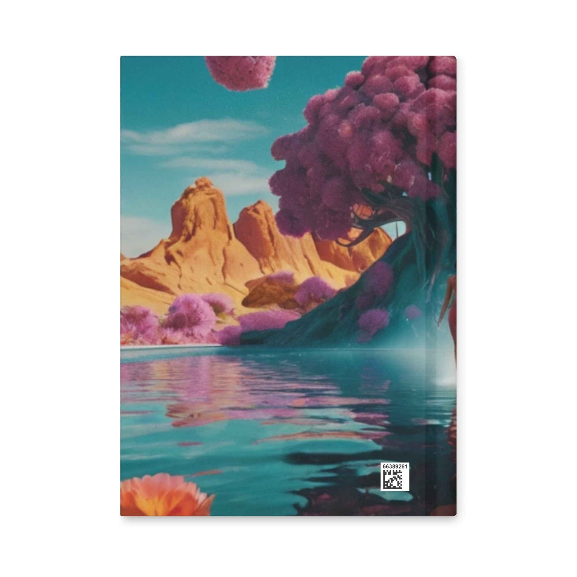 Matte hardcover journal back cover with landscape art and barcode label near bottom