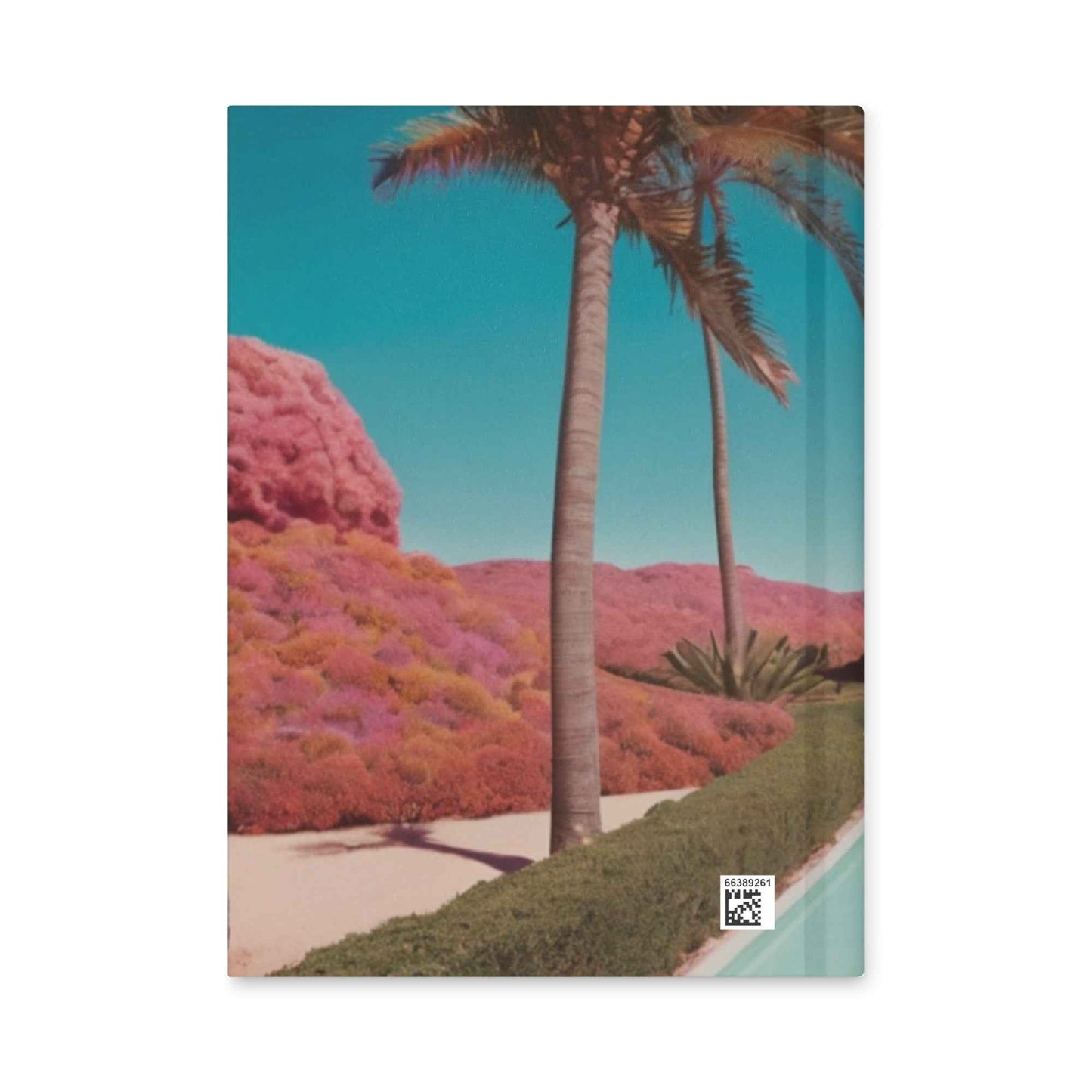 Matte hardcover journal cover with palm trees and pink landscape, barcode label on side