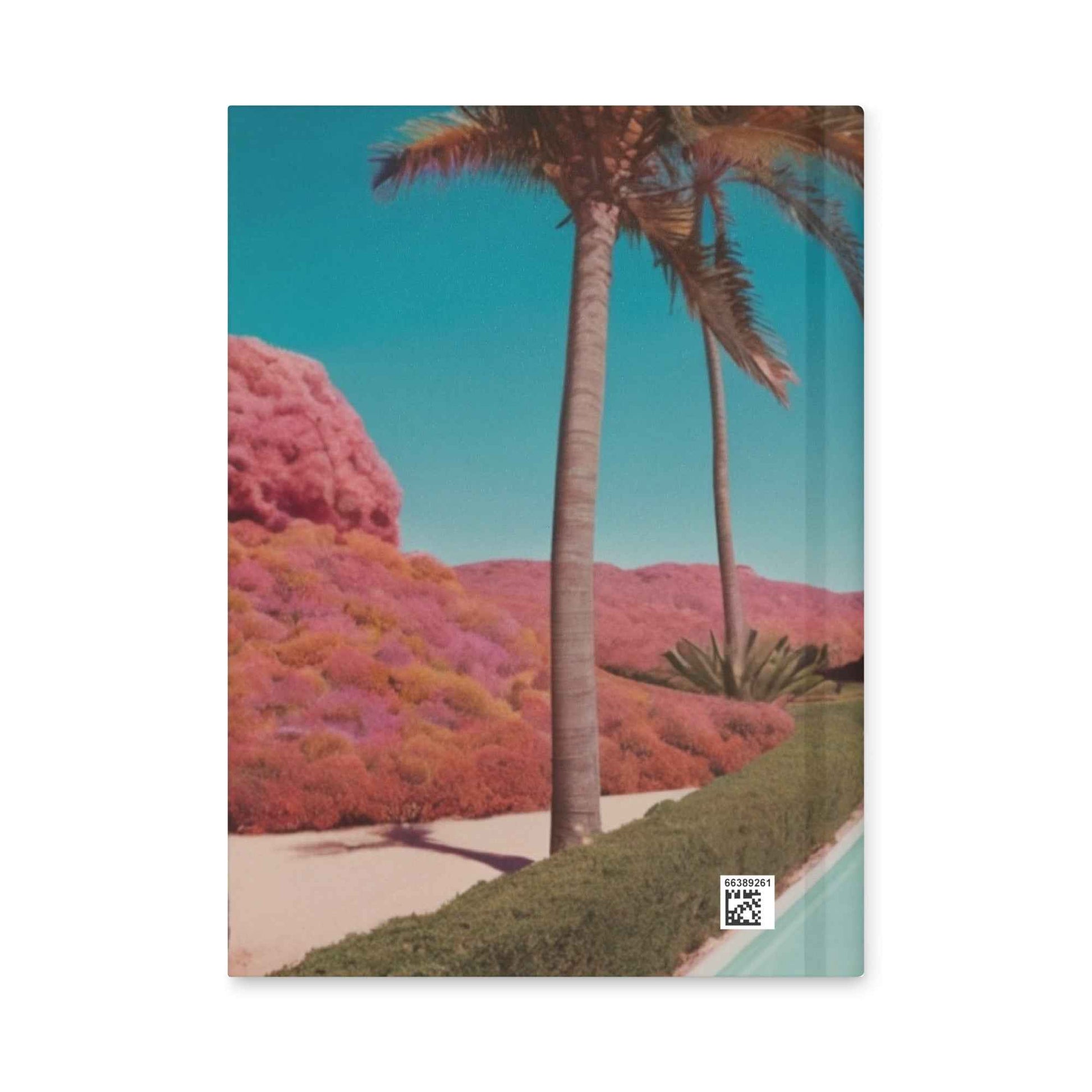 Matte hardcover journal cover with palm trees and pink landscape, barcode label on side