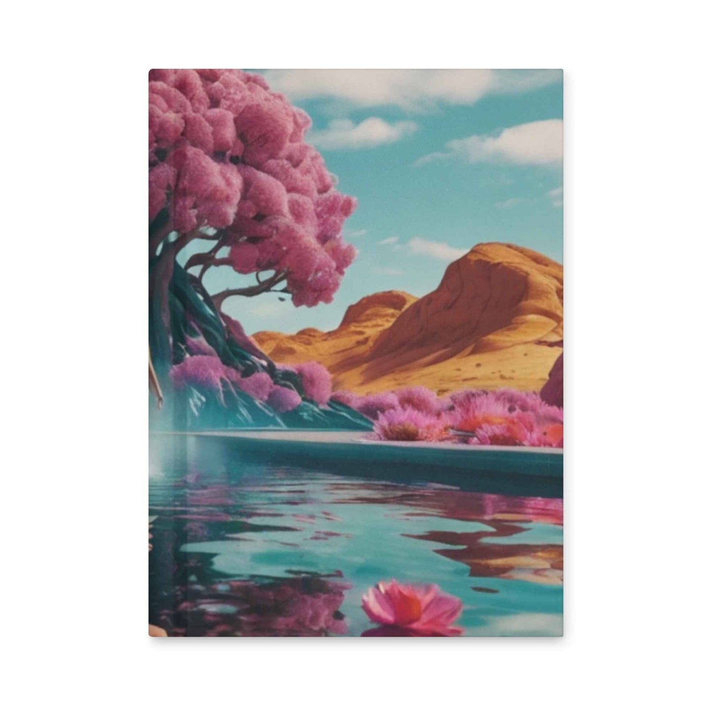 Matte hardcover journal with landscape cover art, magenta tree and teal water
