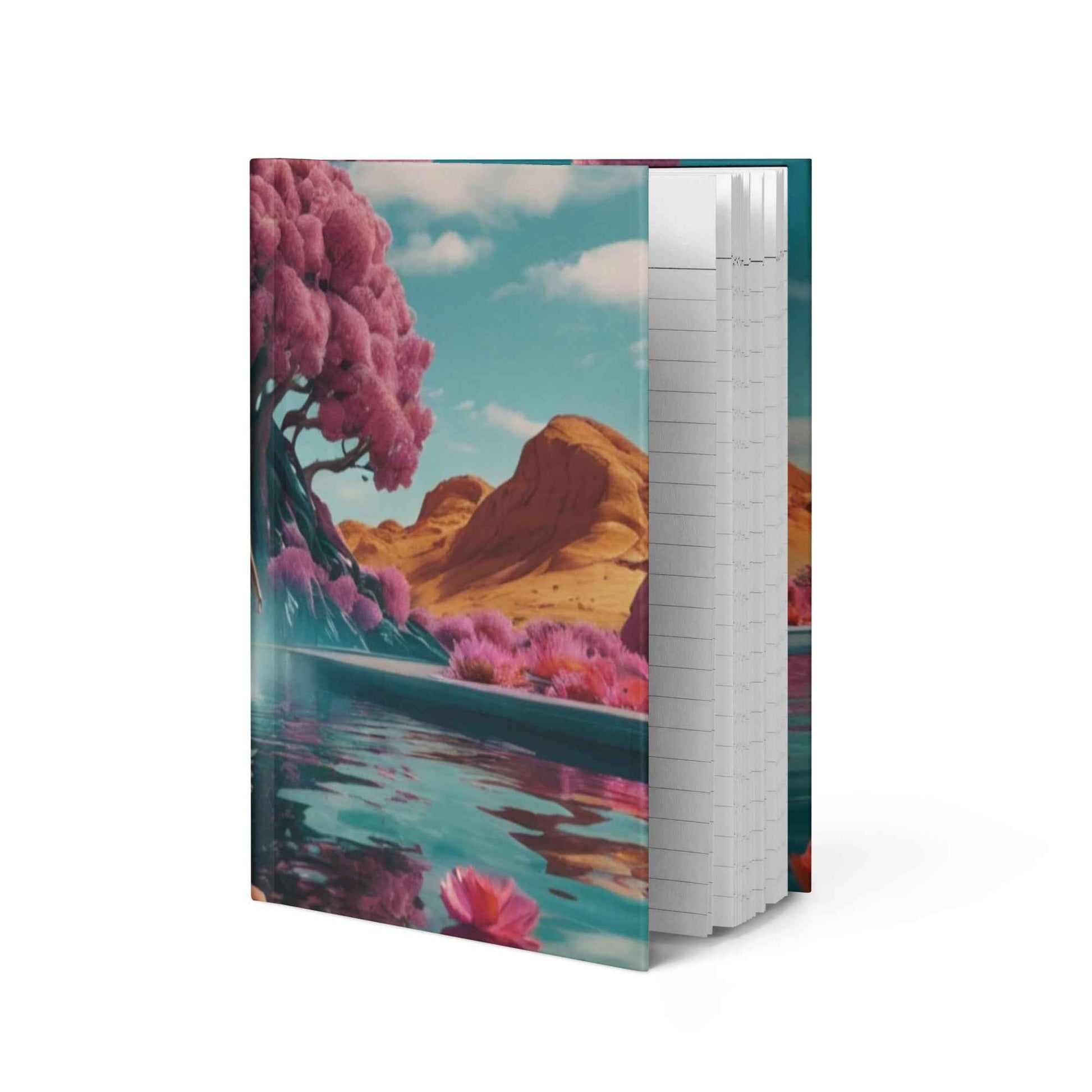 Matte hardcover journal with landscape cover, visible ruled white pages and side spine