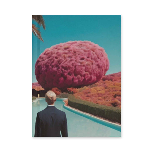 Matte hardcover journal with teal surreal landscape cover, person seen from behind