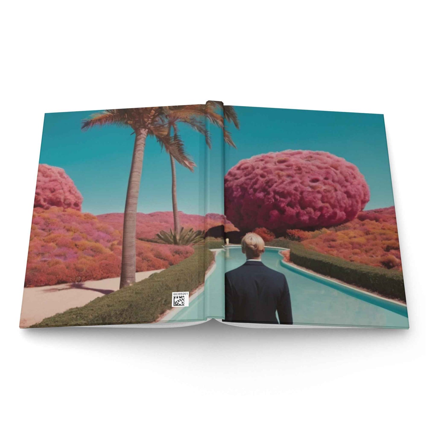 Opened matte hardcover journal with printed landscape scene across both covers