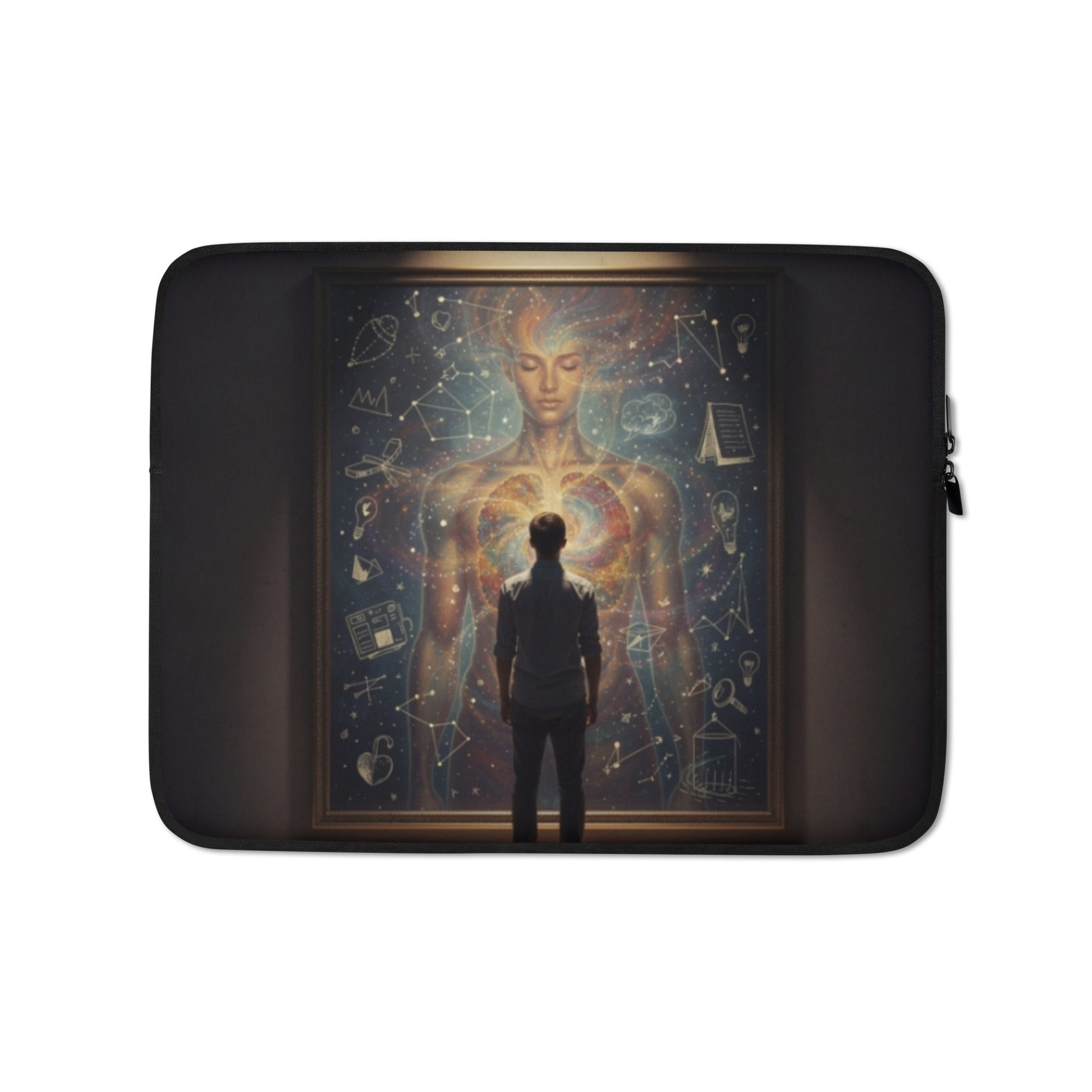 Black laptop sleeve with celestial artwork panel and zippered closure