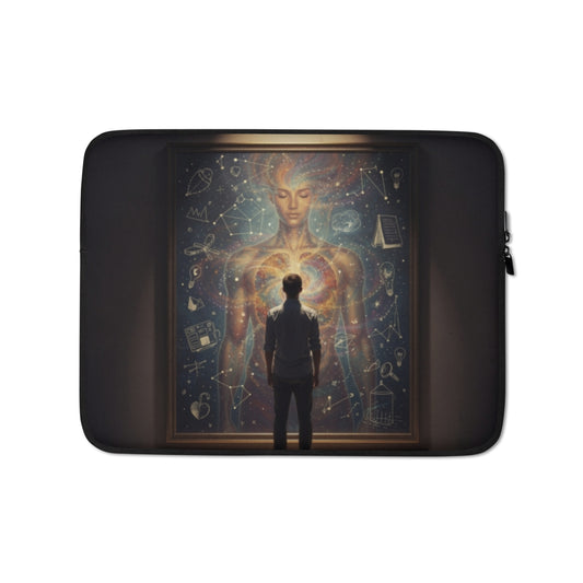Black laptop sleeve with celestial artwork panel and zippered closure