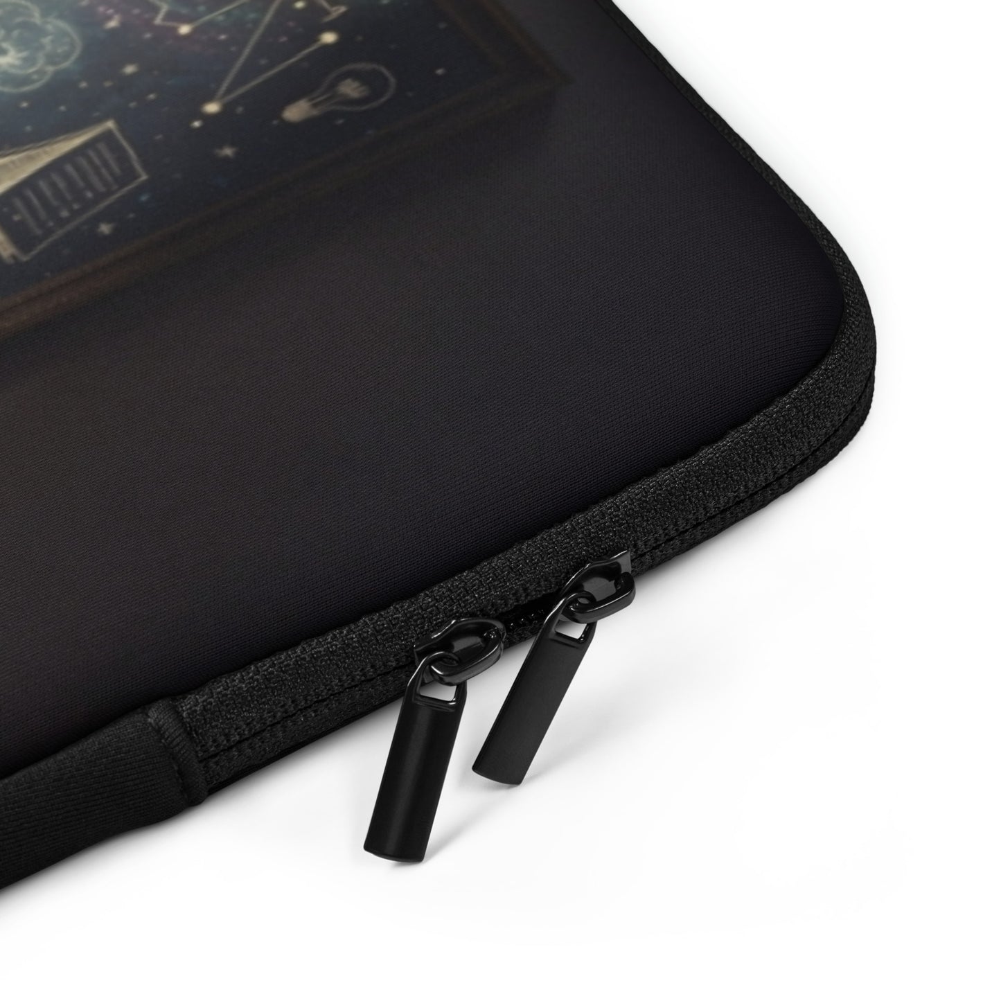 Black laptop sleeve corner with zipper pull and black metal zipper hardware