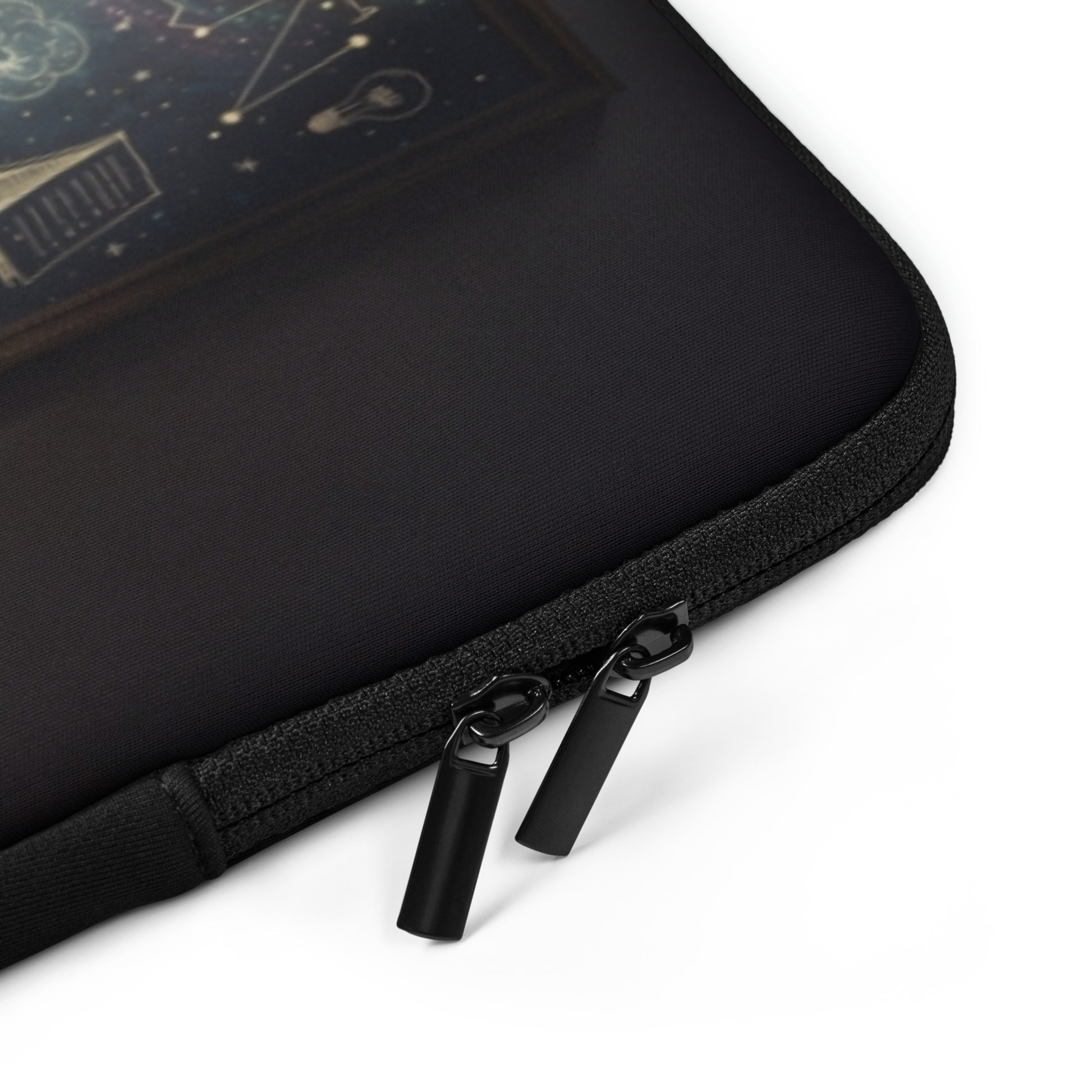 Black laptop sleeve corner with zipper pull and black metal zipper hardware