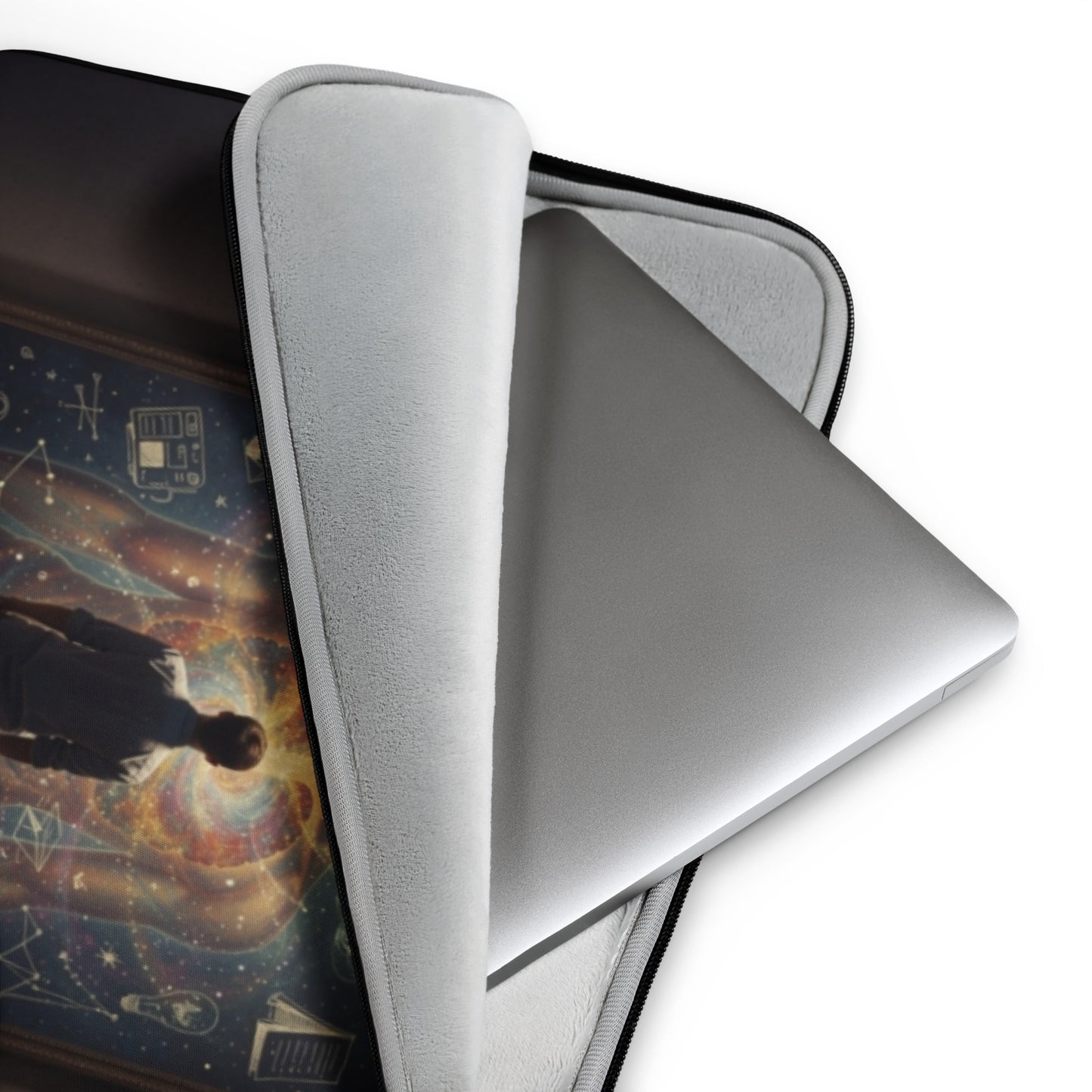 Black laptop sleeve with light-gray inner lining and silver laptop corner