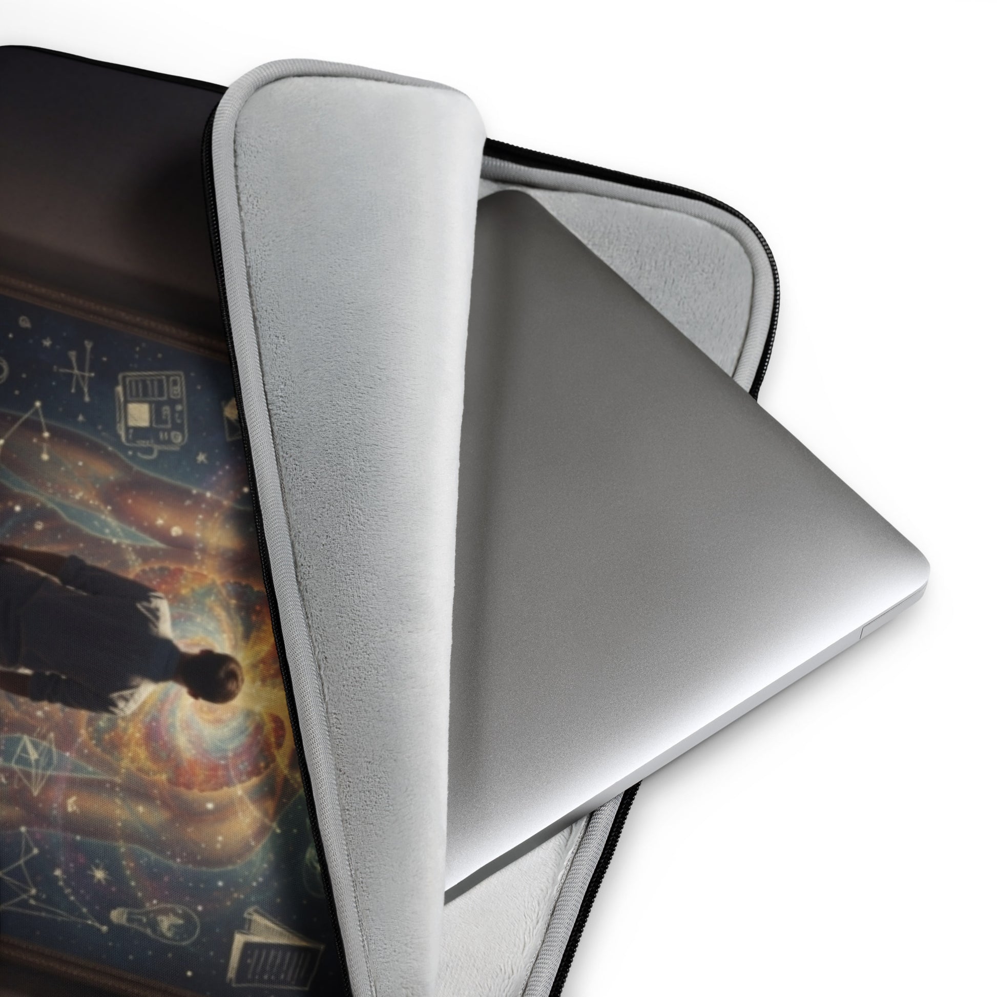 Black laptop sleeve with light-gray inner lining and silver laptop corner