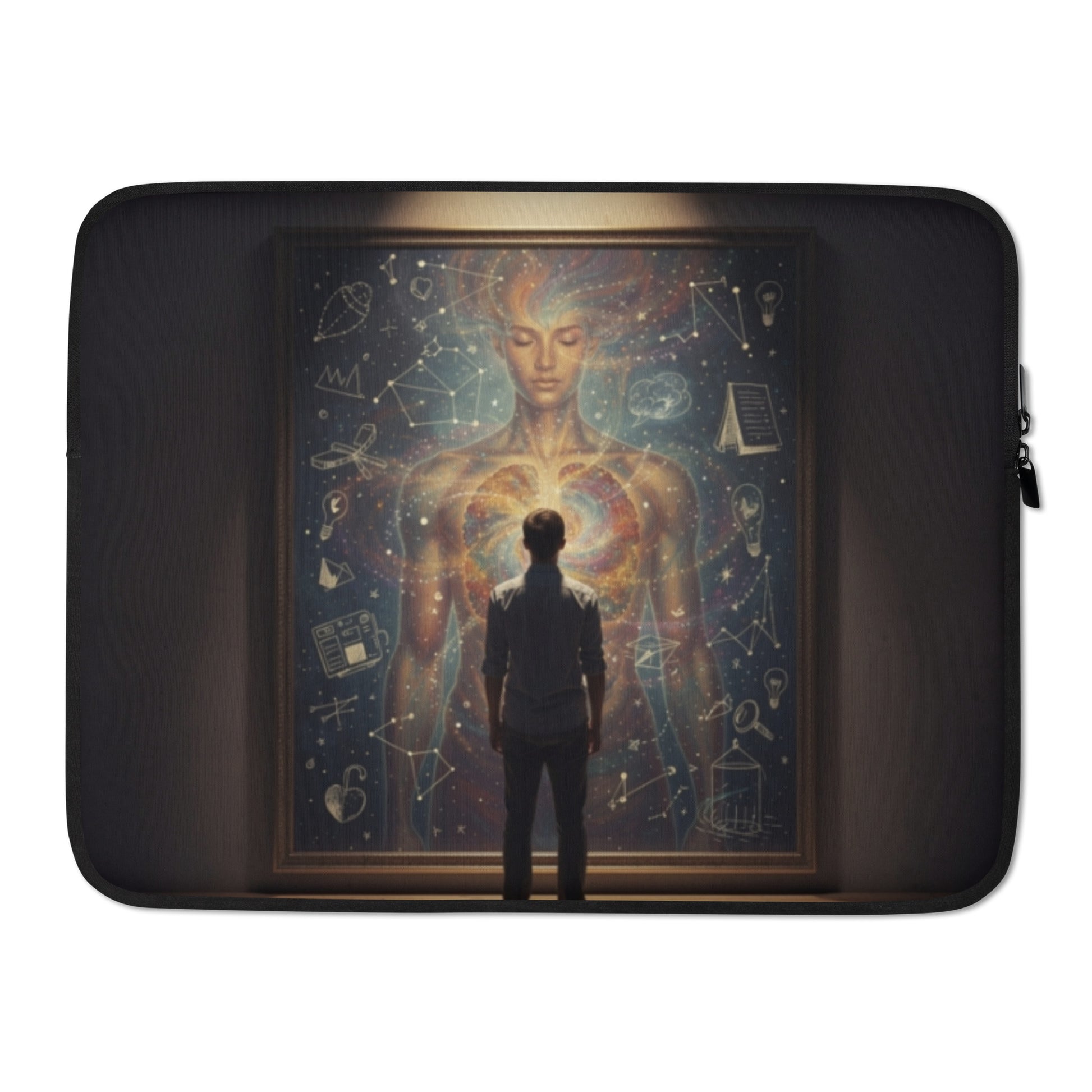 Black laptop sleeve with cosmic graphic front panel and zippered edge detail