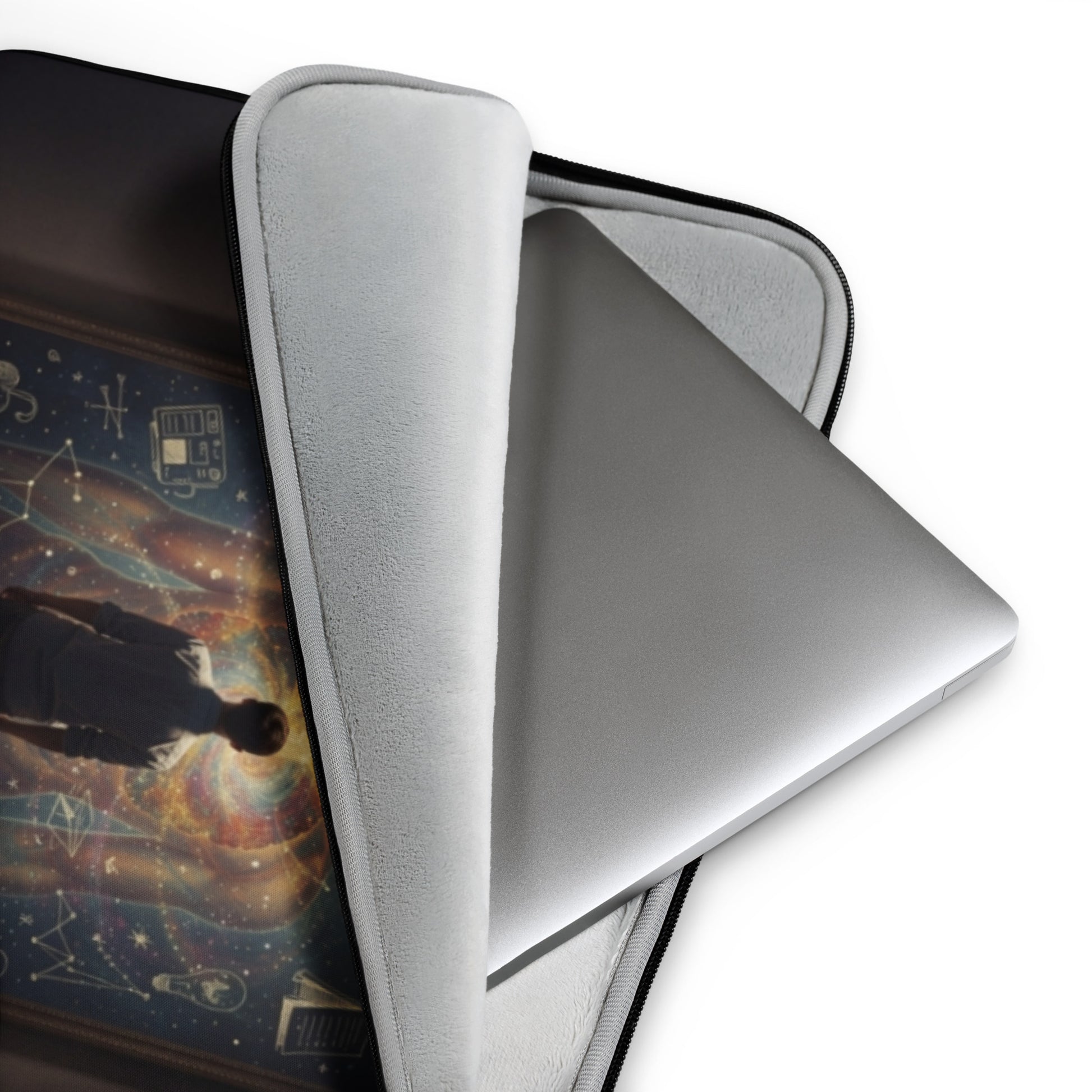 Black laptop sleeve interior with light-gray padding and laptop edge