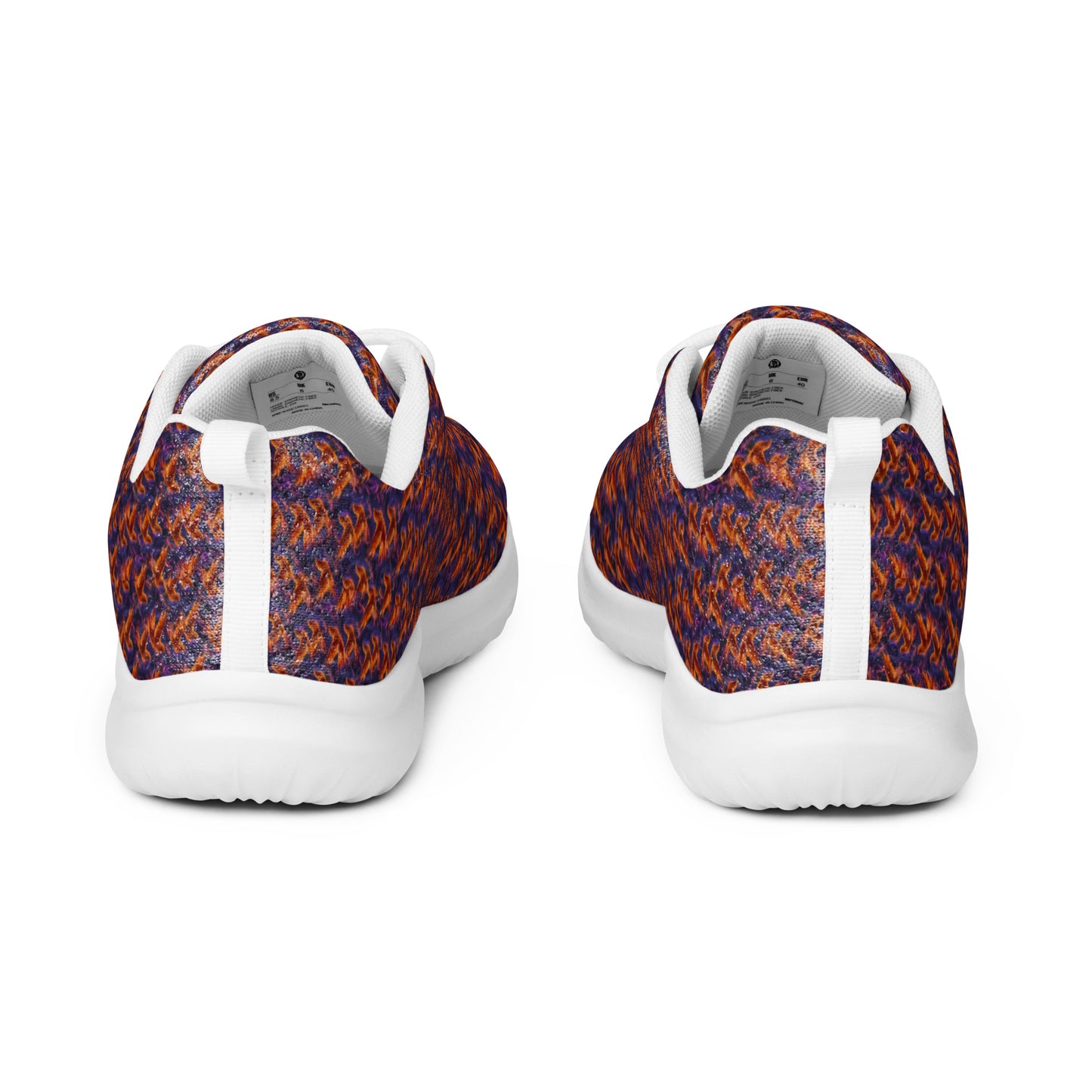Athletic shoes heel view with orange-and-blue knit upper and cushioned white collar