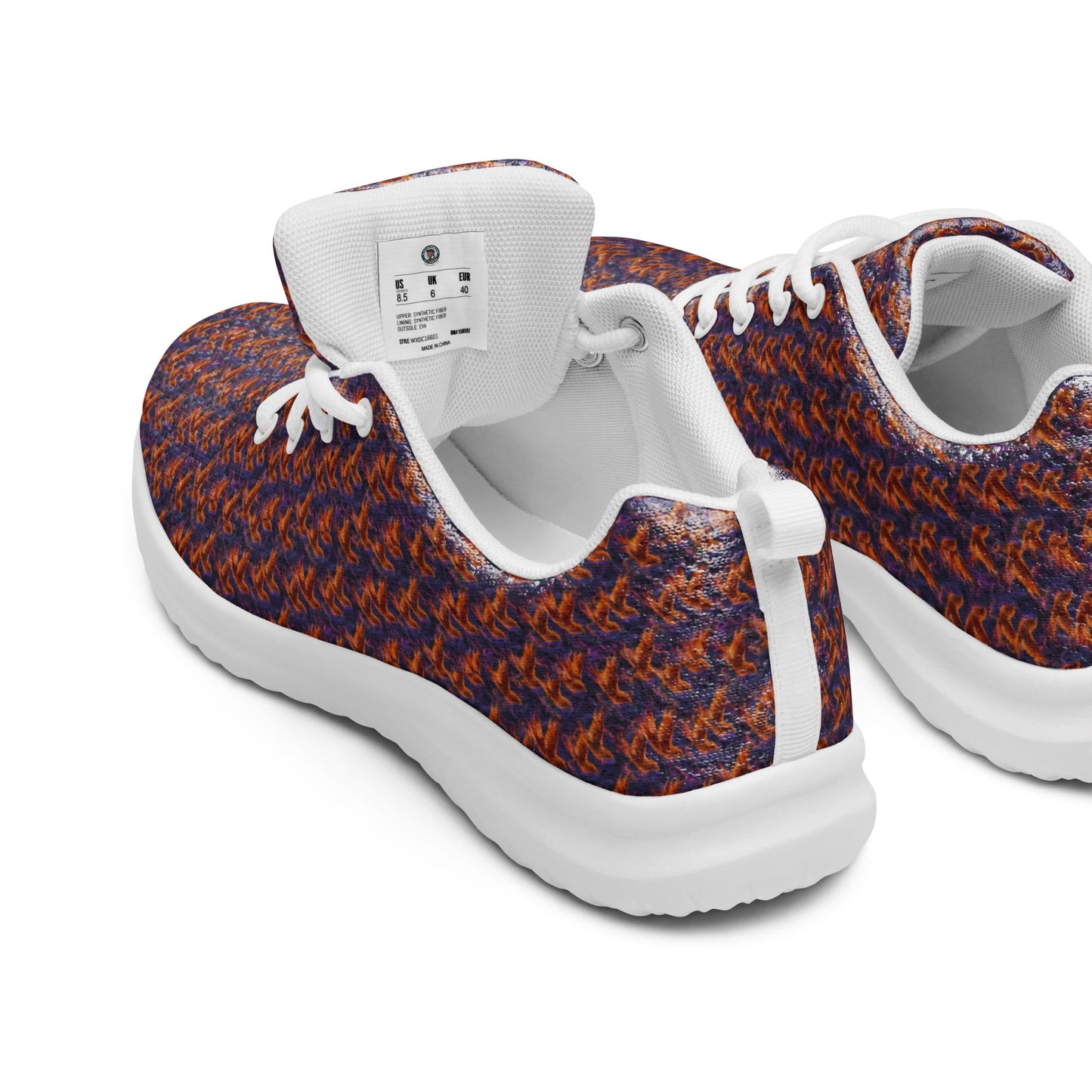 Men's athletic shoes with blue and orange speckled knit upper, white laces and sole