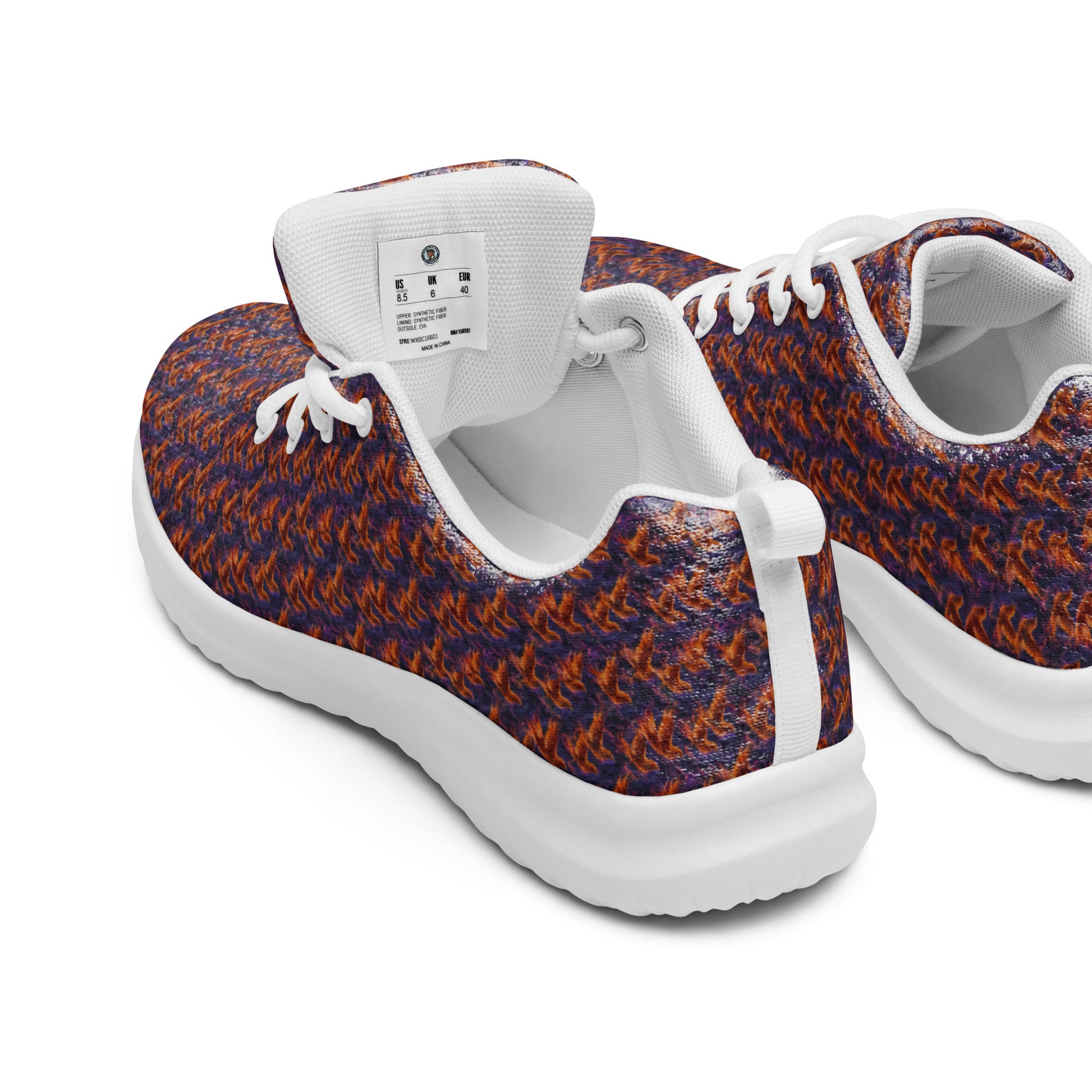 Men's athletic shoes with blue and orange speckled knit upper, white laces and sole