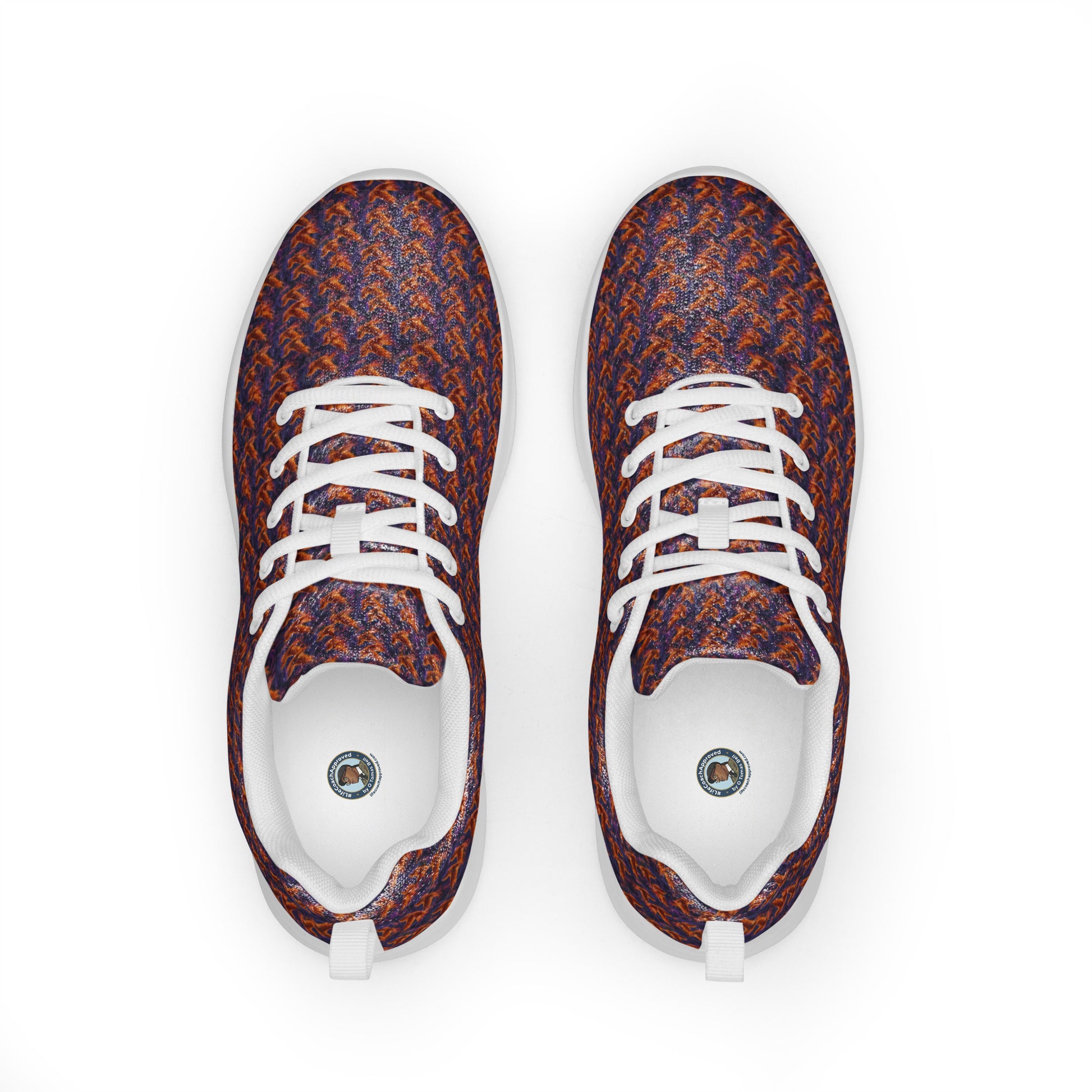 Athletic shoes top view with orange-and-blue textured knit, white laces and rounded toe