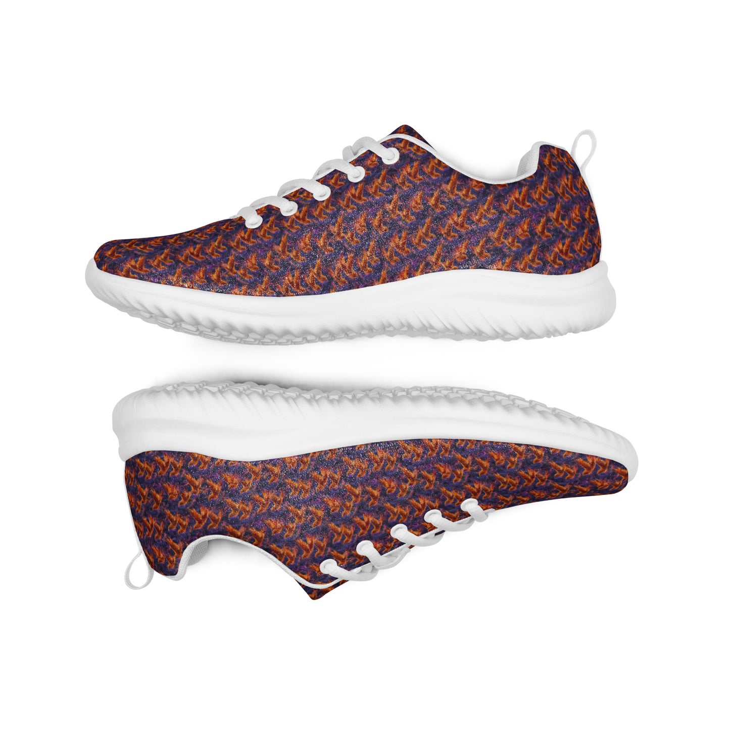 Men's athletic shoes, lace-up blue and orange patterned knit upper, thick white midsole