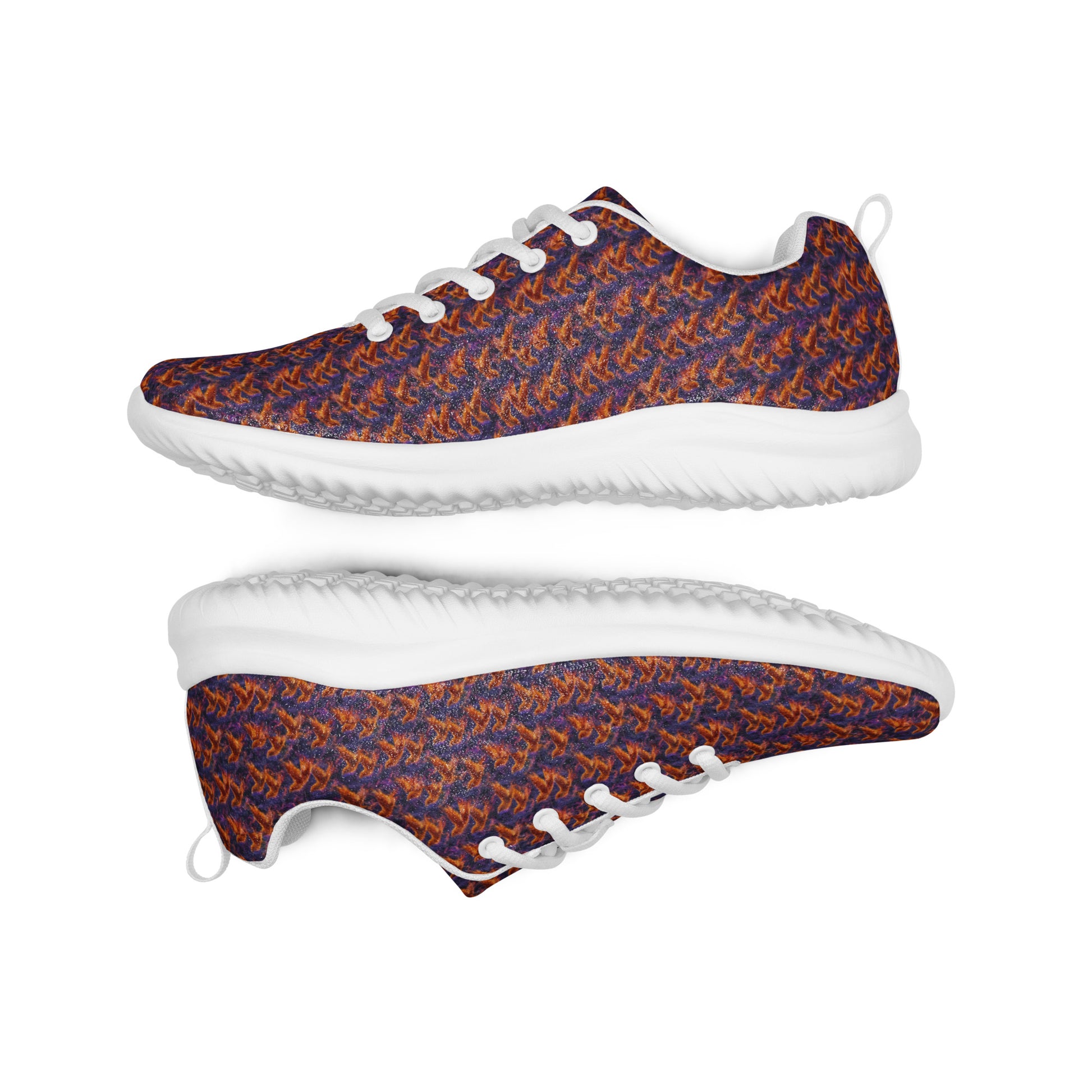 Men's athletic shoes, lace-up blue and orange patterned knit upper, thick white midsole