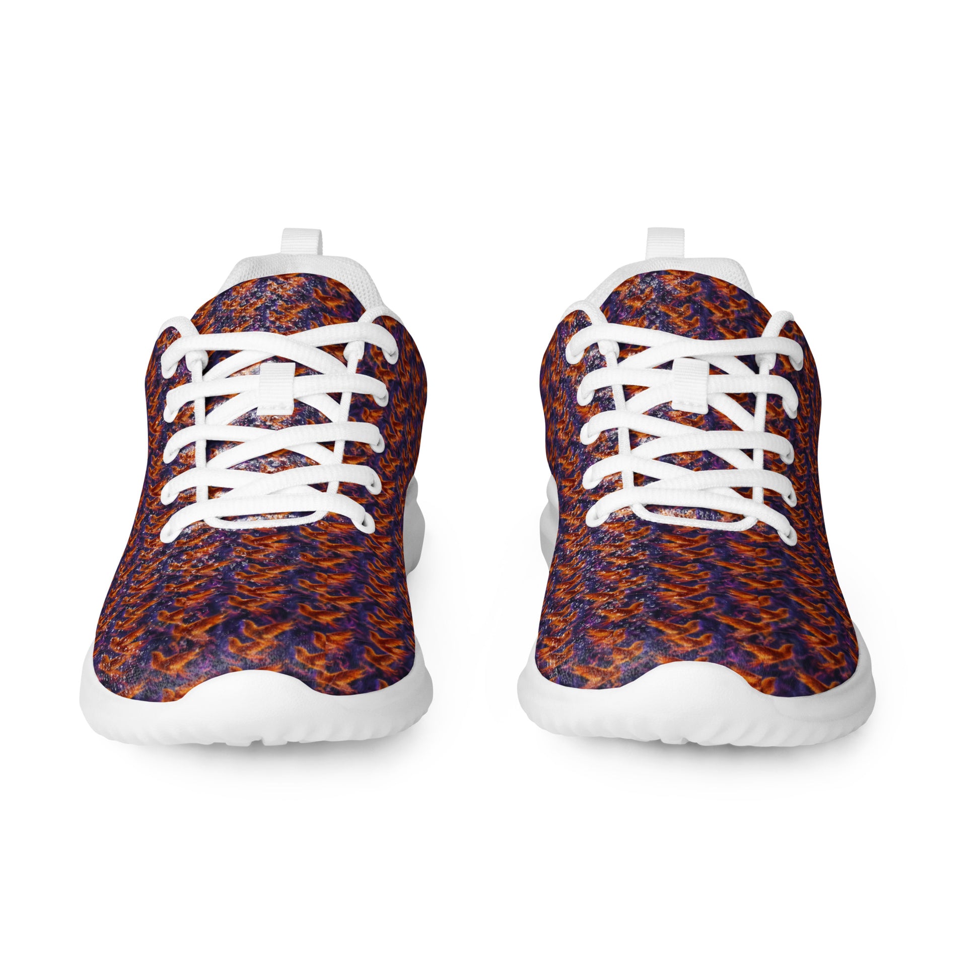 Men's athletic shoes pair, blue and orange patterned knit with white lace-up front